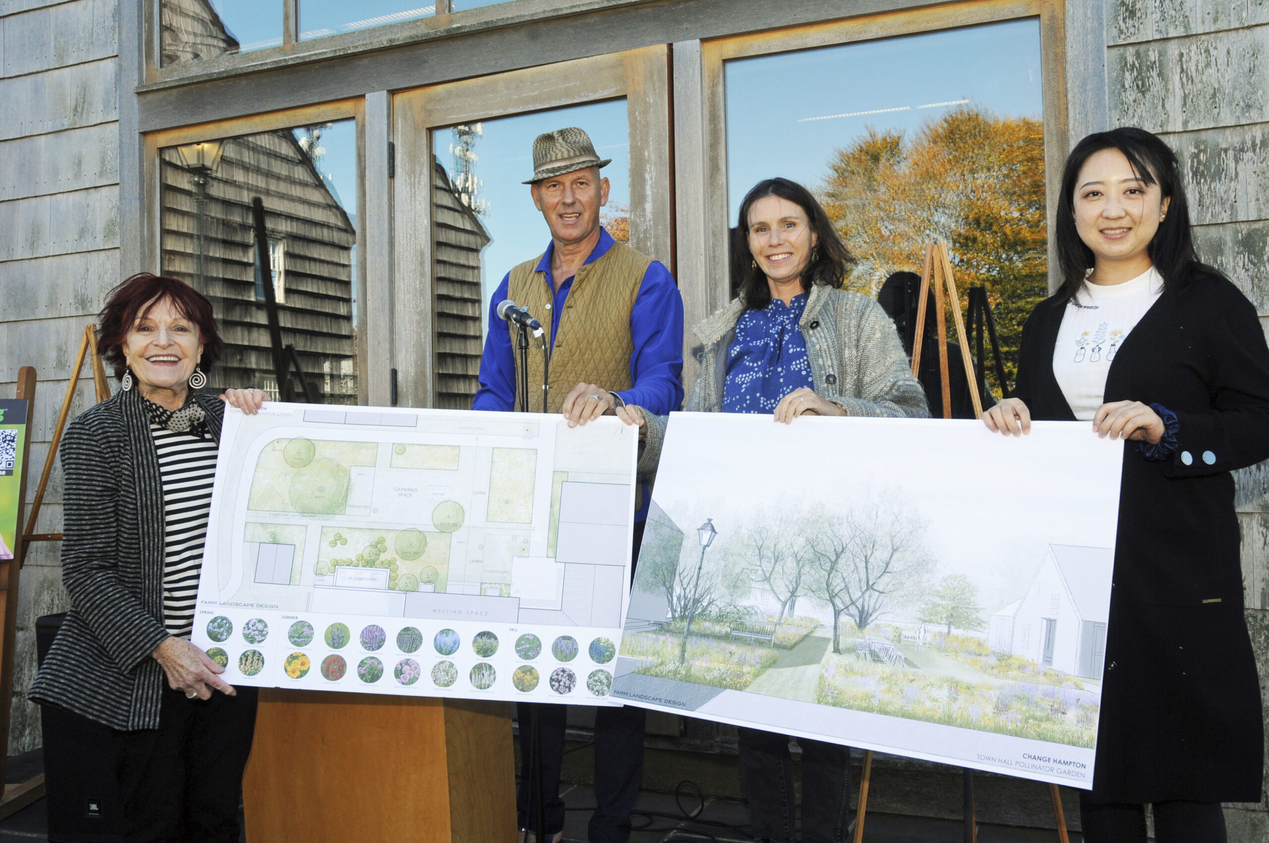 Gail Pellett, Stephen Van Dam, Abby Clough Lawless and April Wei at the groundbreaking to celebrate the launch of a new, 3,000-square-foot community pollinator garden at the main entrance to East Hampton Town Hall on October 27.
The new garden, a public-private partnership, was proposed and will be created and maintained
by ChangeHampton with the help of community volunteers, including local school students.
It was designed by Abby Clough Lawless of Farm Landscape Design. Major funding is being
provided by community residents.    RICHARD LEWIN