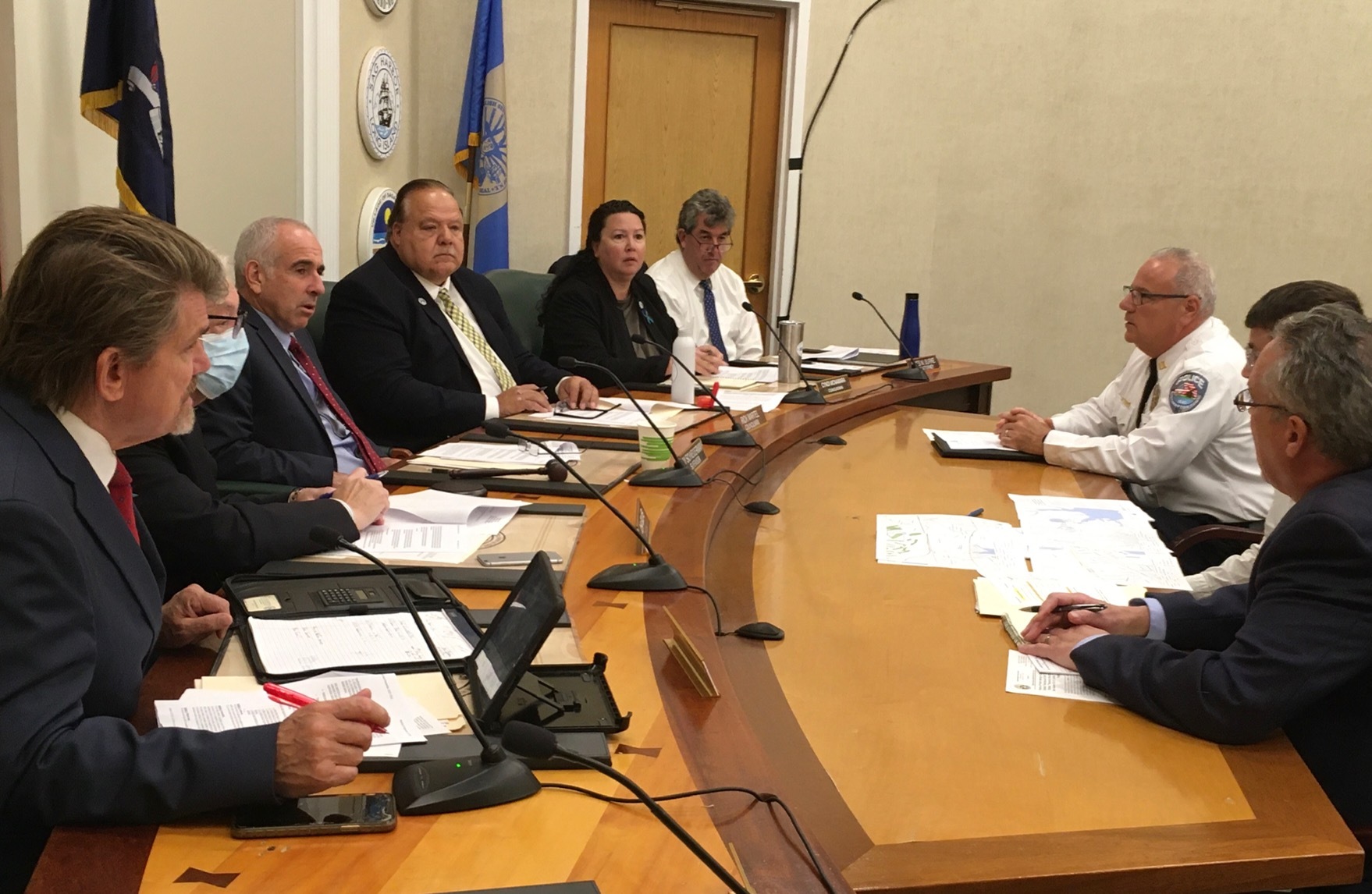 The Southampton Town Board discusses the blinking light program with town, police, engineer, and traffic consultant - Captain James Kiernan, Thomas Houghton, and Thomas Neely.   KITTY MERRILL