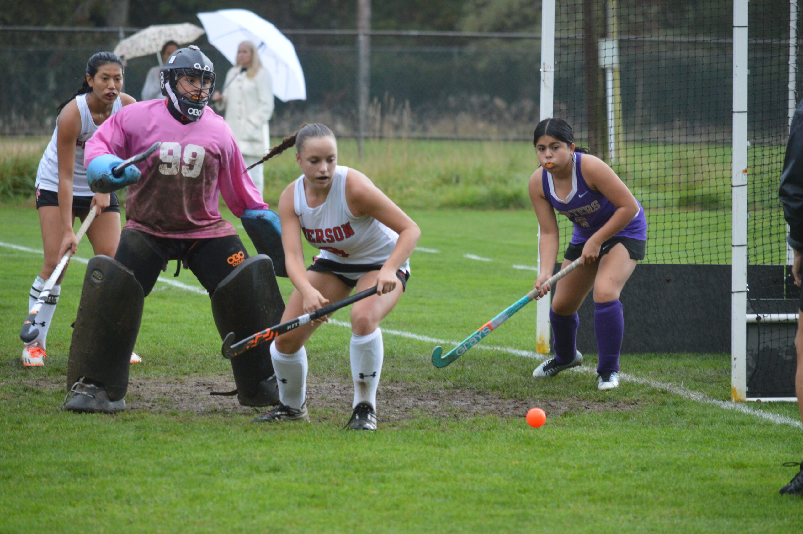 Pierson’s Maddie Cohen chasing a loose ball in front of the Greenport cage.    GAVIN MENU