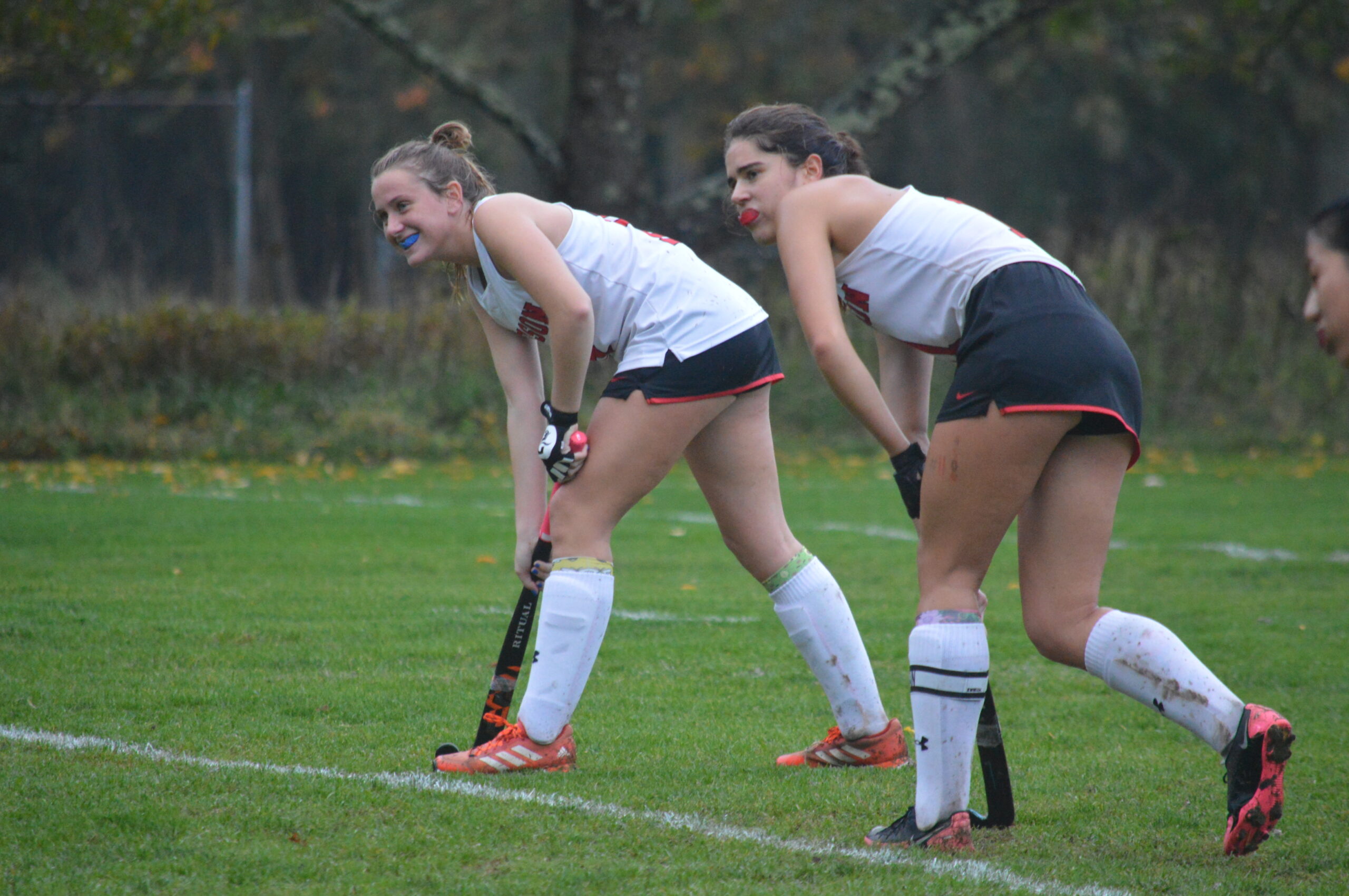 Pierson’s Eva McKelvey, left, and Meredith Spolarich line up for a corner against Greenport.    GAVIN MENU