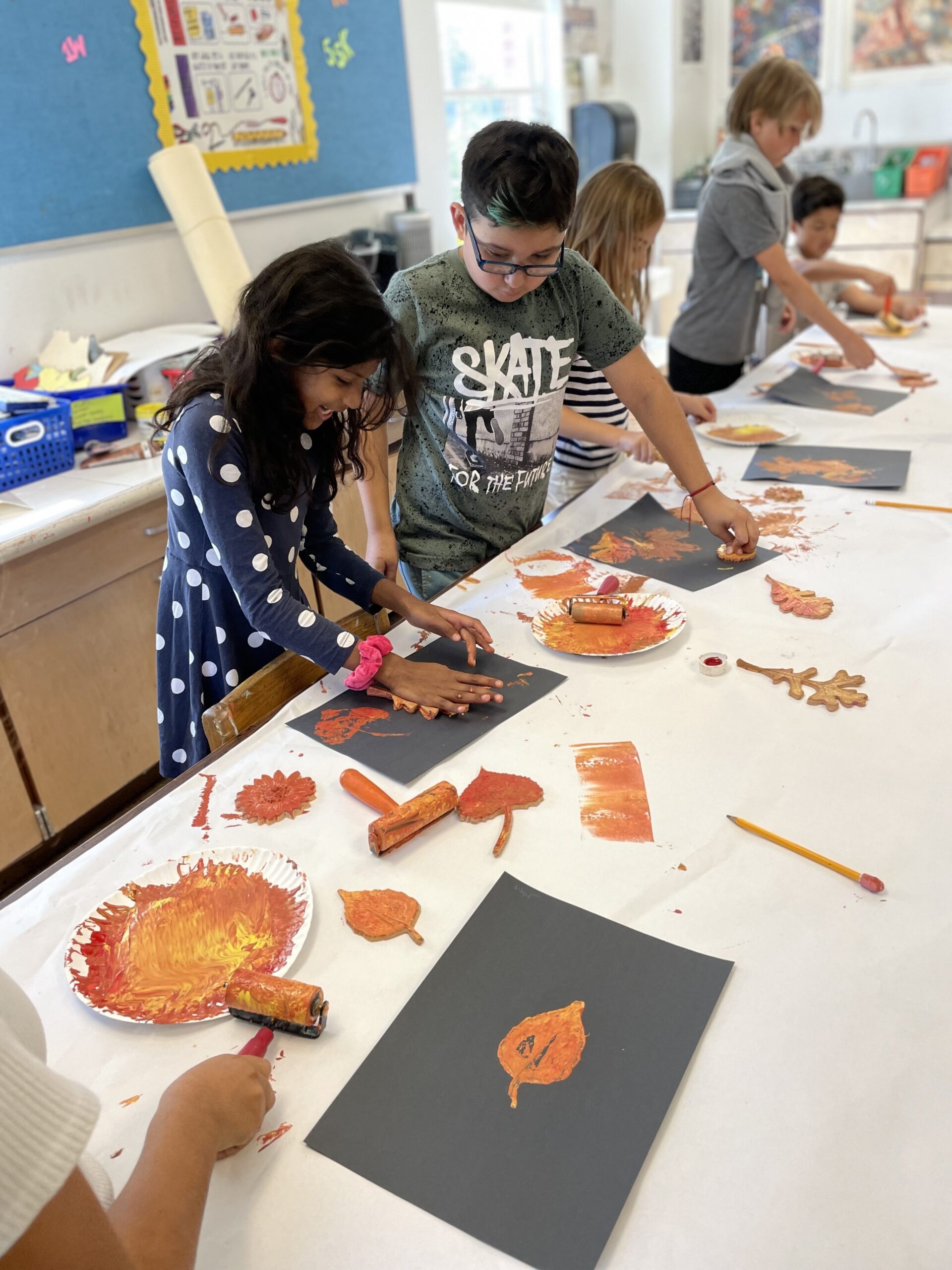 Fourth grade students at Sag Harbor Elementary, including Isabelle Dureka and Aidan Gomez,  learned about natural leaf species and create printmaking designs. COURTESY SAG HARBOR SCHOOL DISTRICT