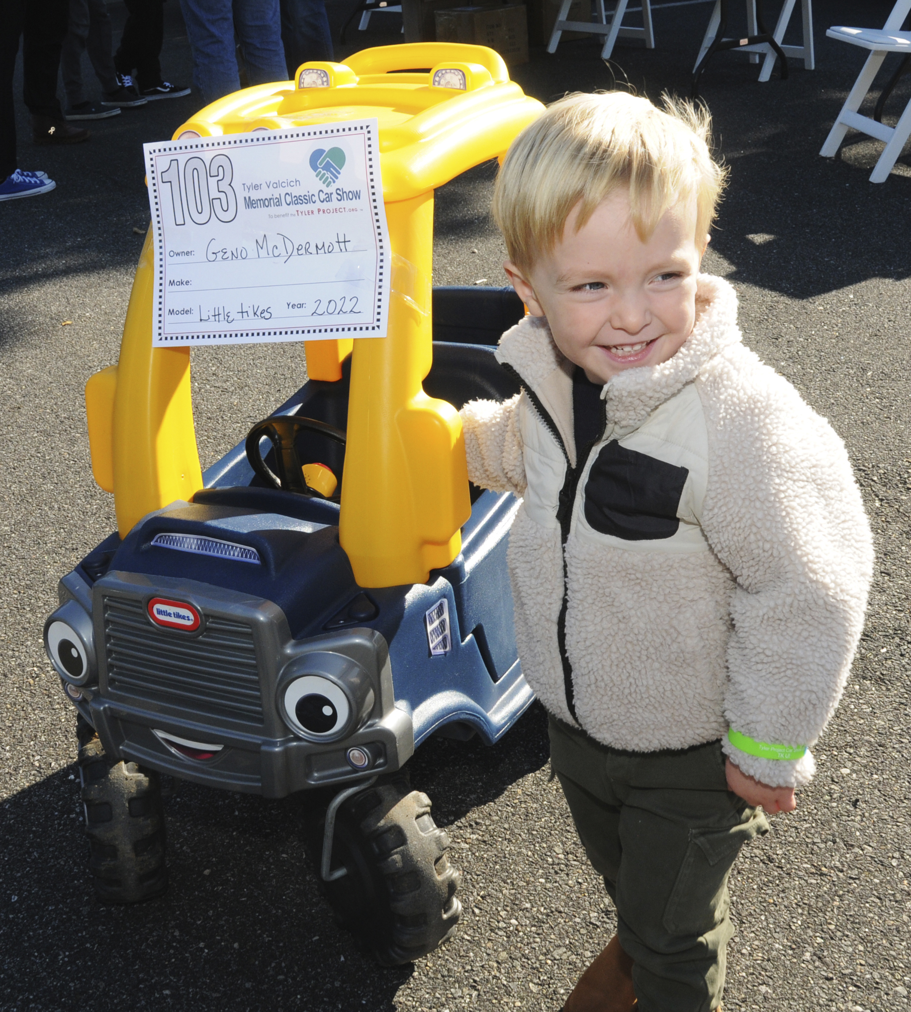 Young Geno McDermott with his entry at the annual Tyler Valcich Memorial Car Show on Sunday on the grounds of Amagansett Fire House. Established in 2015 by The Tyler Project (tylerproject.org) to commemorate the loss of Tyler to suicide in 2014, and to raise awareness of mental health concerns and cyberbullying. The Car Cruise around Montauk took place right after.   RICHARD LEWIN