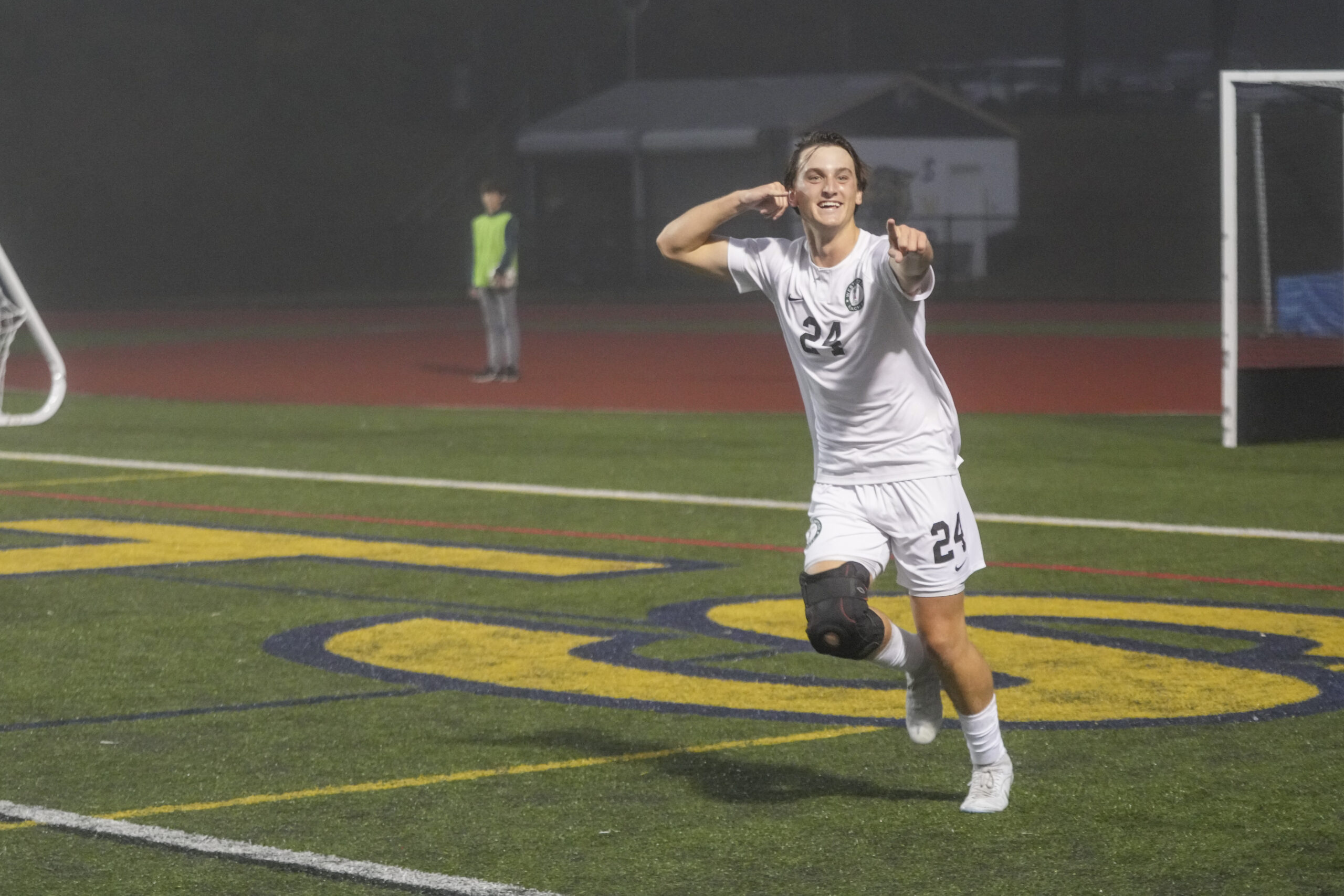 Westhampton Beach senior Chance Brindle celebrates after his goal tied the game at 1-1 in the second half on Monday.    RON ESPOSITO