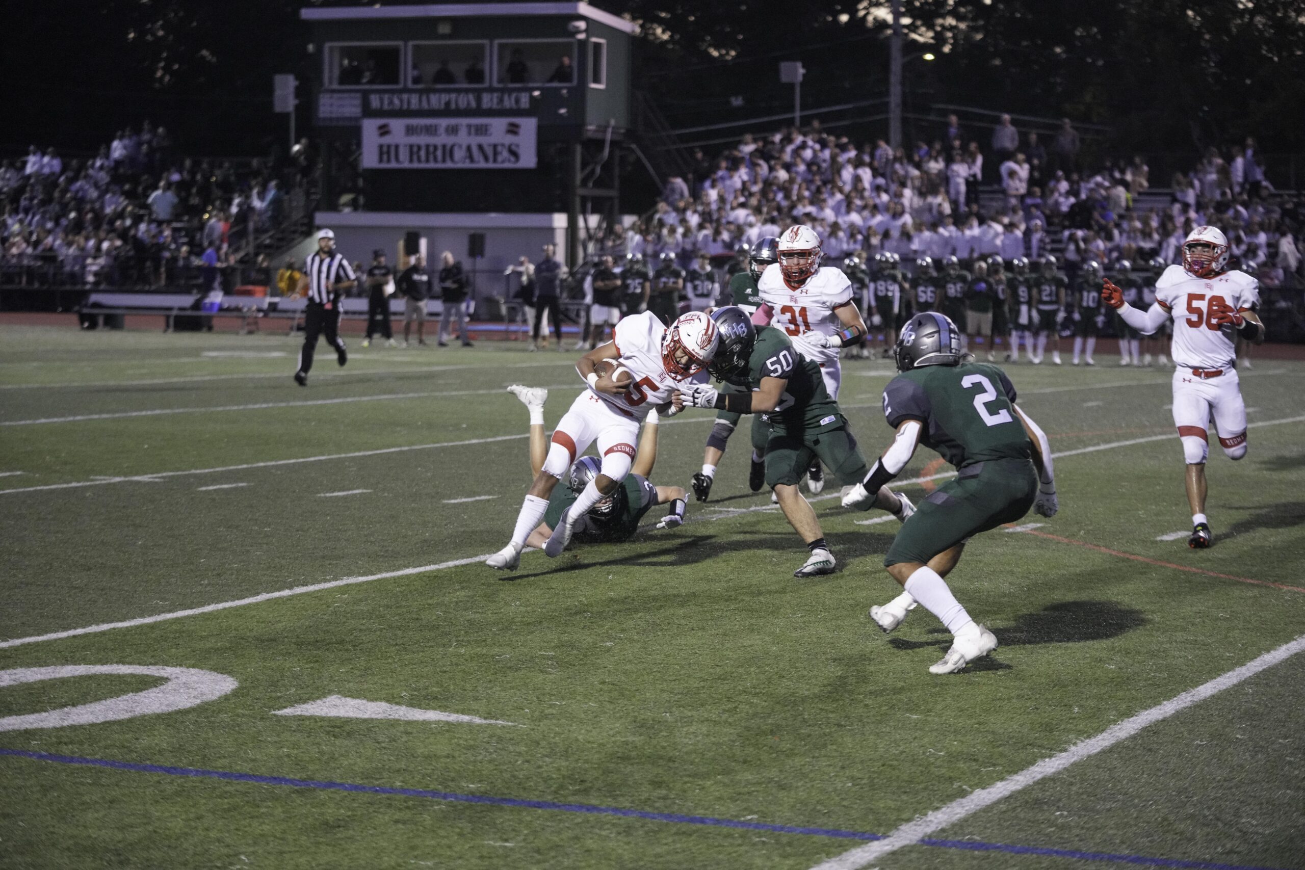 Westhampton Beach junior linebacker Aidan McDermott tackles an East Islip player.    RON ESPOSITO