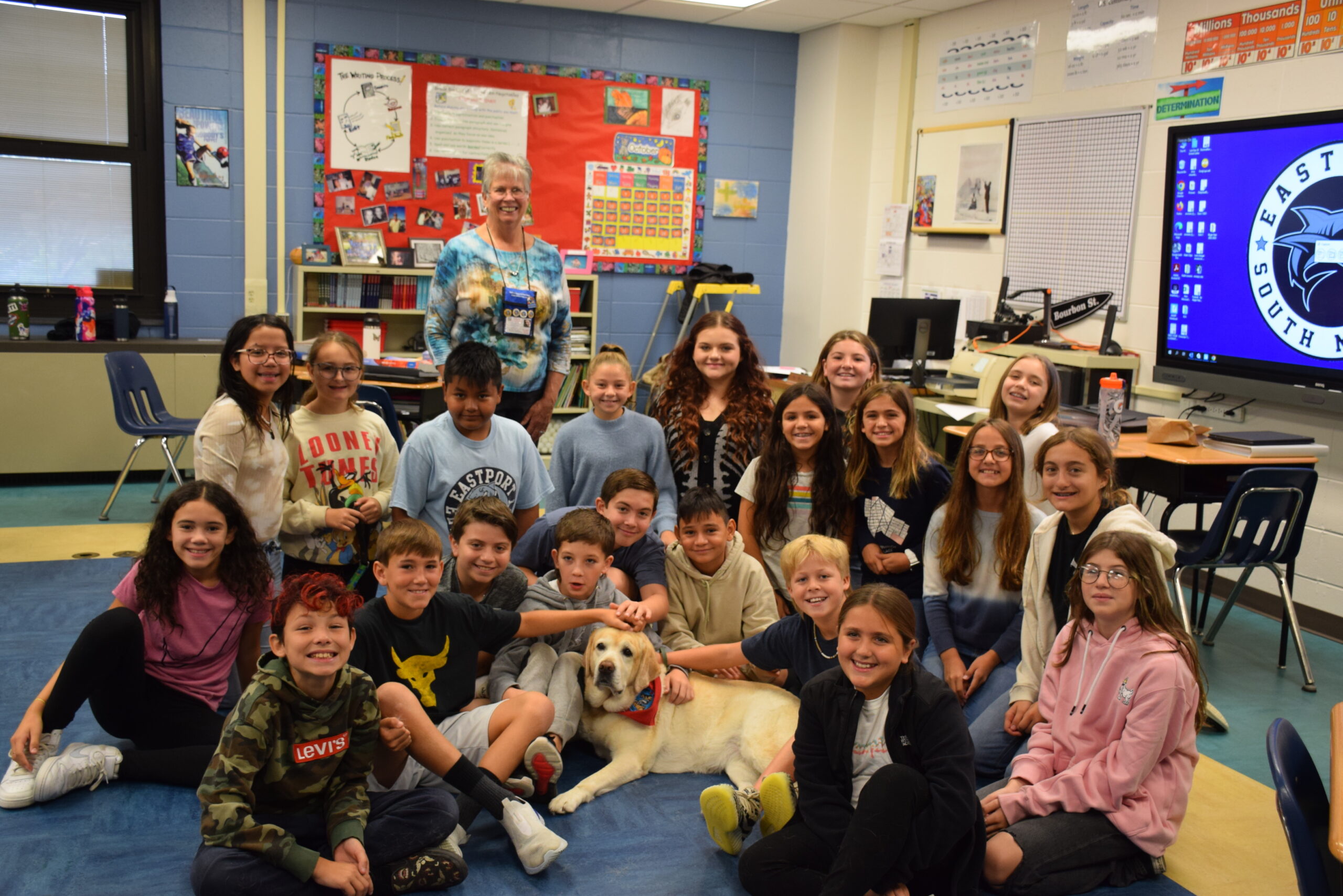 Eastport Elementary School students made health and social-emotional well-being a priority through participation in Wellness Week earlier this month. The week included a number of focused activities including a visit from Therapy Dogs International representative Karen Handler and therapy dog Dora. COURTESY EASTPORT-SOUTH MANOR SCHOOL DISTRICT