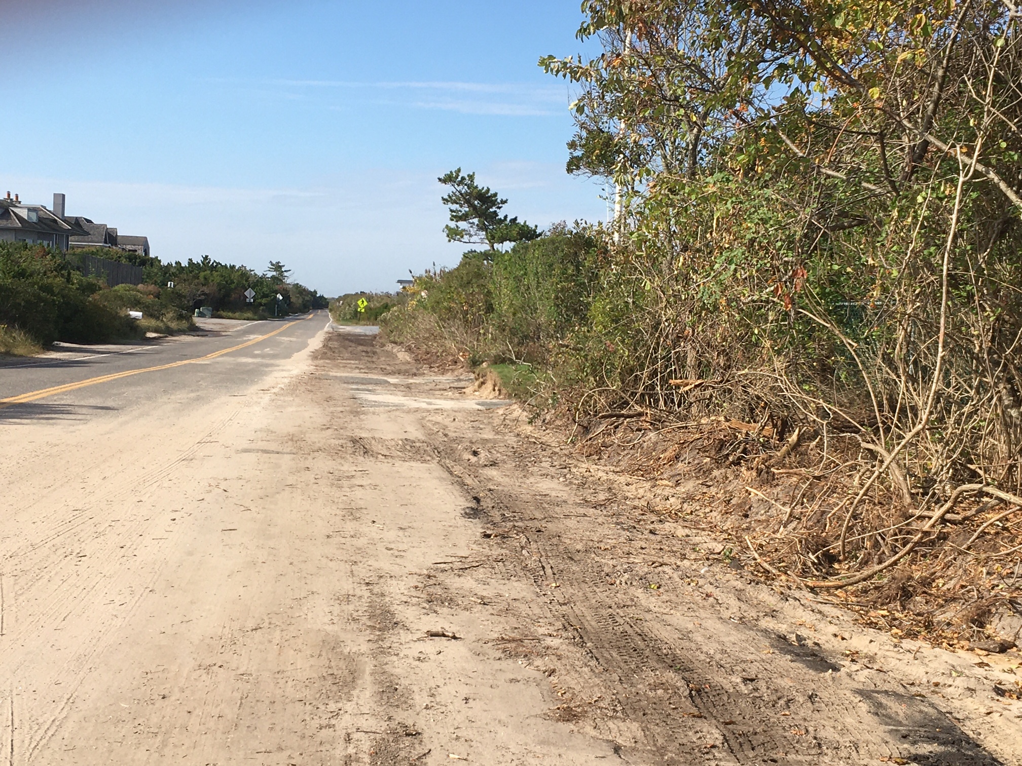 Neighbors decry a length swath of roadside vegetation cleared for a paving project on Flying Point Road in Water Mill.    KITTY MERRILL