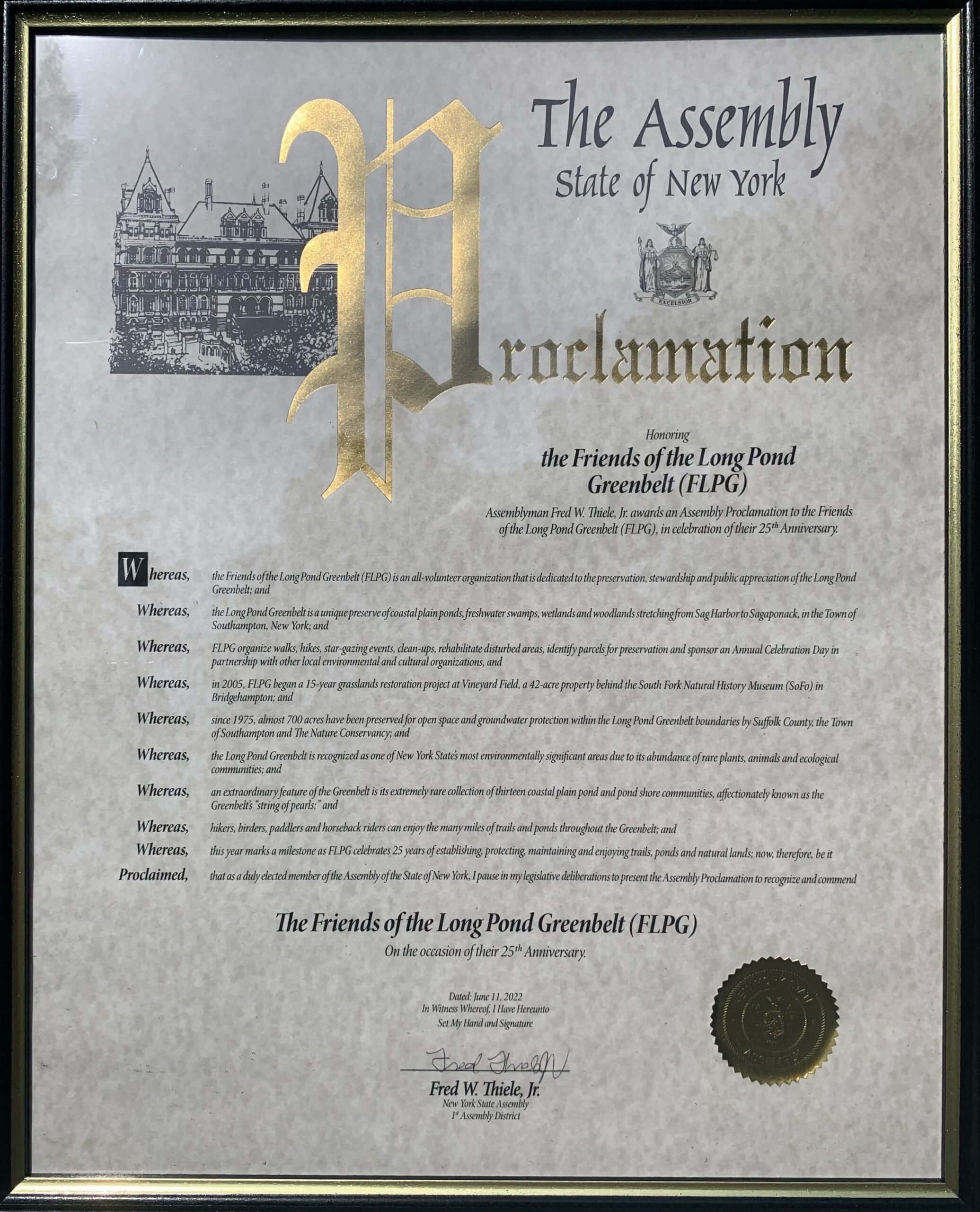 Both the New York State Assembly and the Town of Southampton issued proclamations to Friends of the Long Pond Greenbelt, recognizing the organization for its 25 years of environmental stewardship of the area. COURTESY FRIENDS OF LONG POND GREENBELT