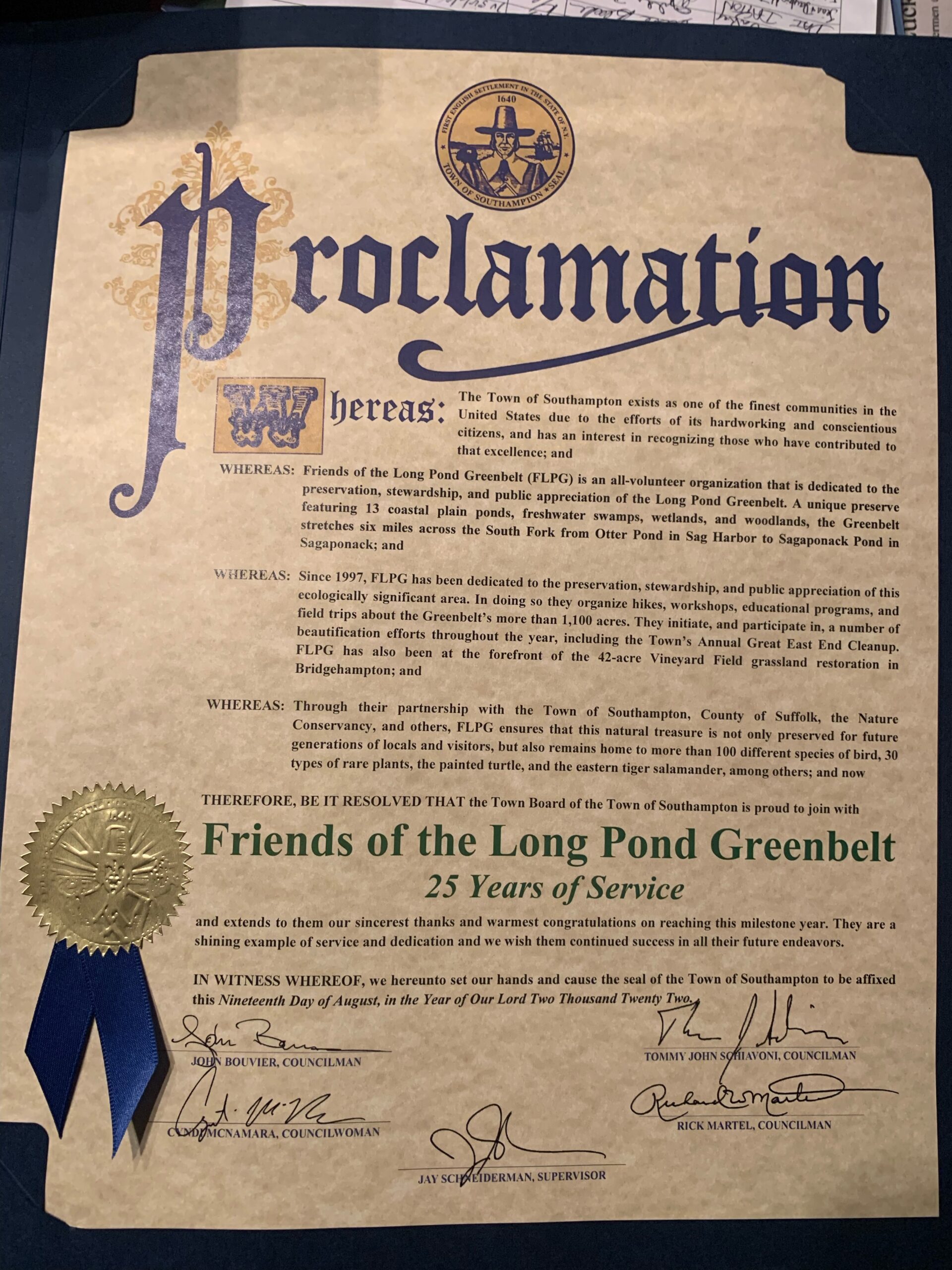 Both the New York State Assembly and the Town of Southampton issued proclamations to Friends of the Long Pond Greenbelt, recognizing the organization for its 25 years of environmental stewardship of the area. COURTESY FRIENDS OF LONG POND GREENBELT