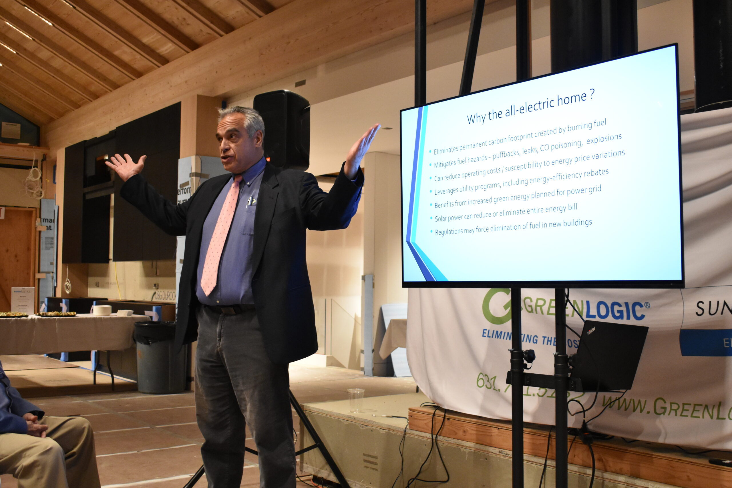 Jean Pierre Clejan of GreenLogic Energy presents The All-Electric Home of the 21st Century at the Potato Barn in Sagaponack. BRENDAN J. O'REILLY