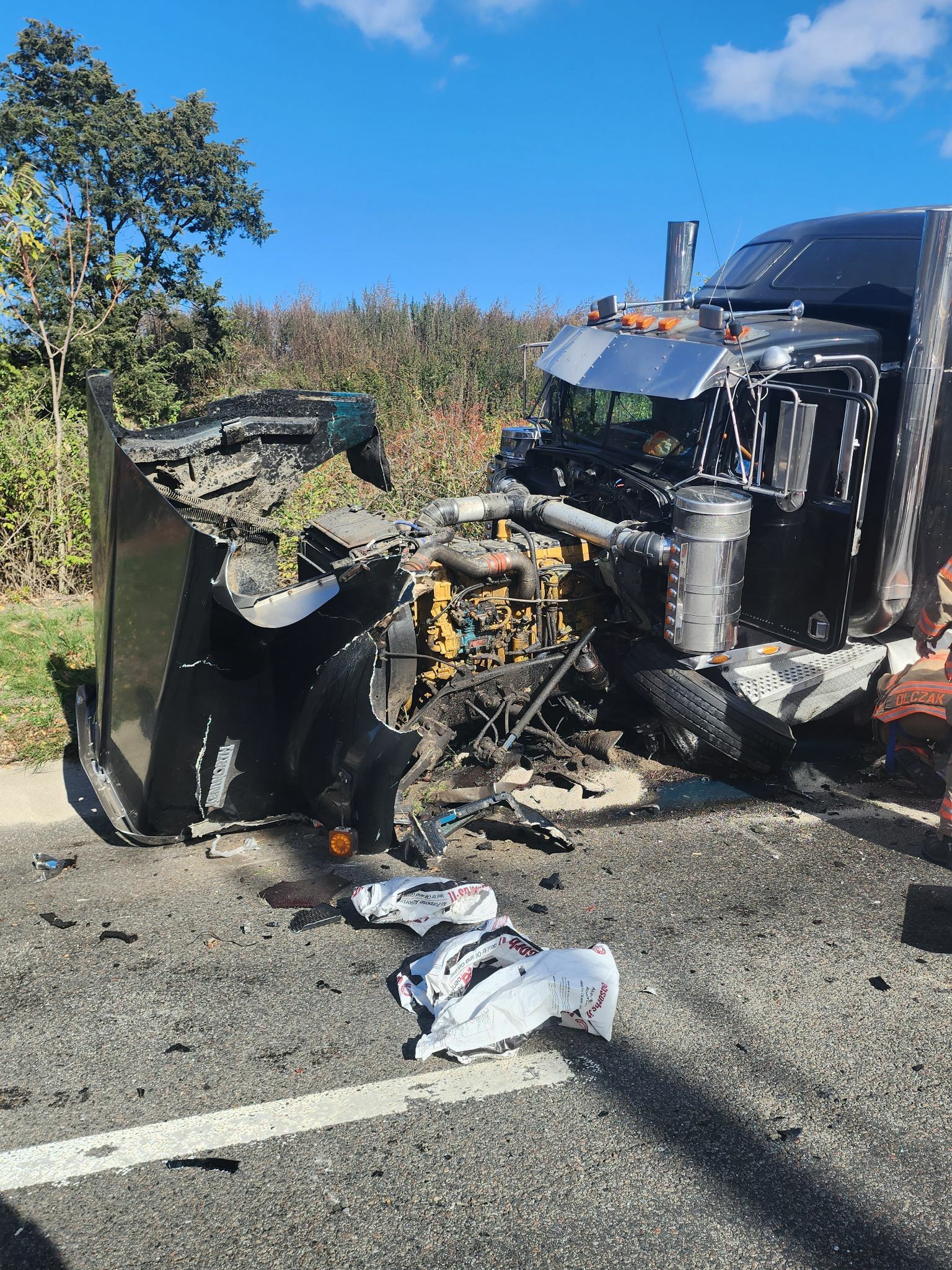 The impact popped the hood of the tractor trailer in the multi-car crash on County Road 39 in Southampton.    COURTESY LAMAR ROBINSON