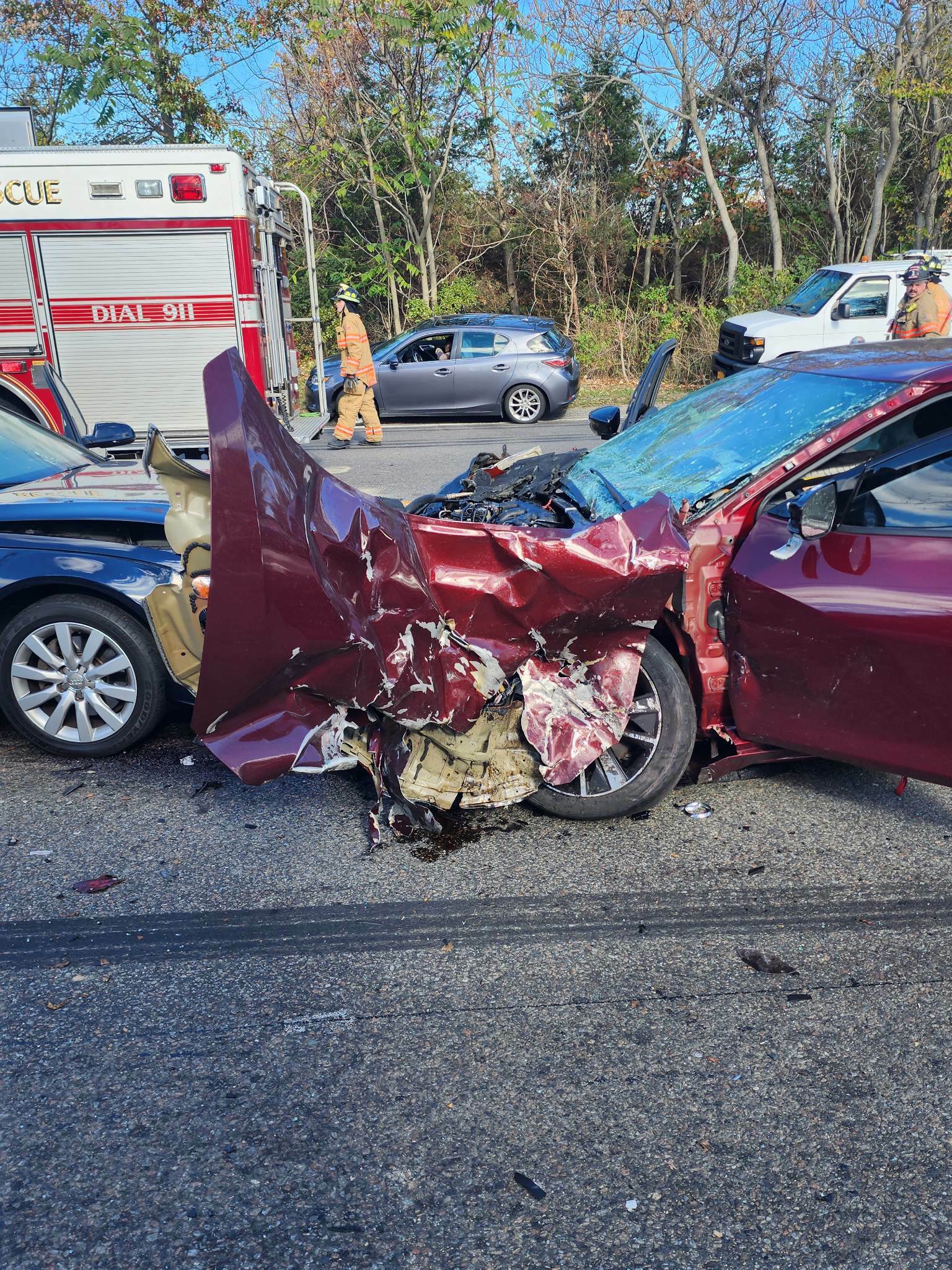 The driver of the red Maxima was arrested for driving under the influence of drugs  following the crash on County Road 39 in Southampton.    COURTESY LAMAR ROBINSON