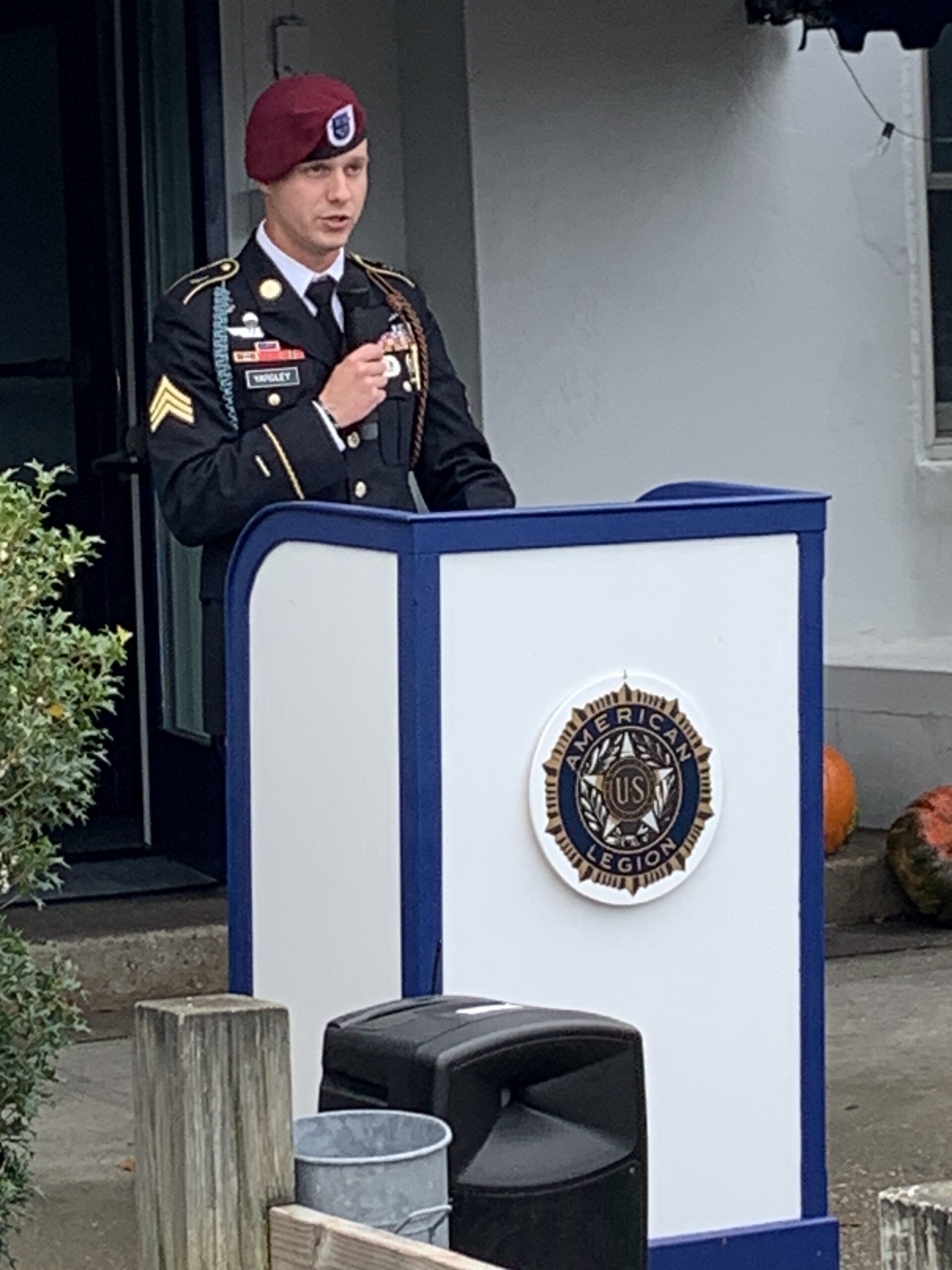 Sergeant Max Yardley gives the Veterans Day speech in Sag Harbor. STEPHEN J. KOTZ