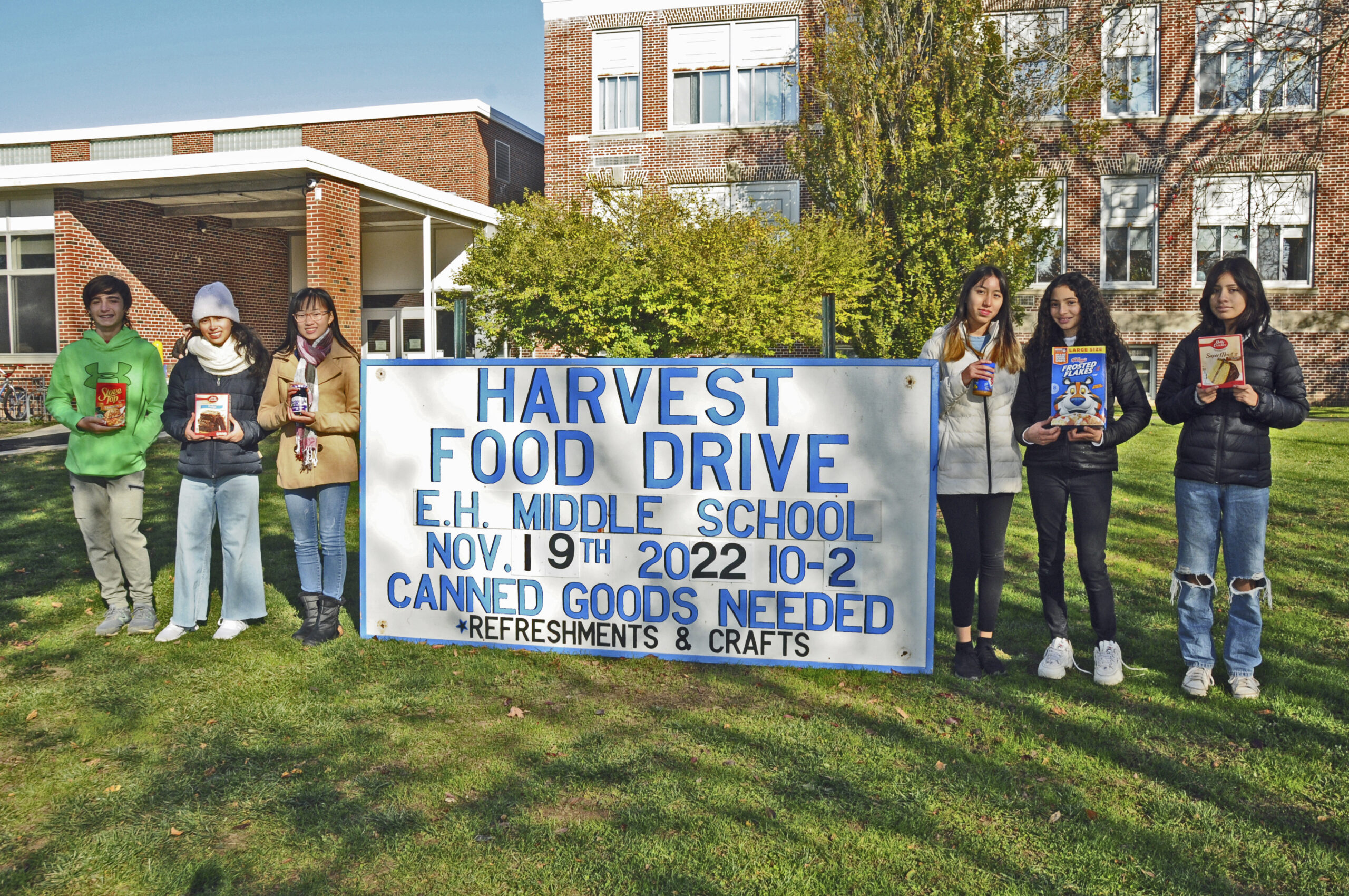 East Hampton Food Pantry set up shop  in front of the East Hampton Middle School on November 18 to accept donations of packaged foods. Student volunteers shuttled back and forth across the street, where they asked for donations outside Stop & Shop.  Pictured are student volunteers, Sean Merkert, Sophia Herrera, Thuy Nguyen, Kimberly Atiencia, Laura Martinez and Sarah Gonzalez    RICHARD LEWIN