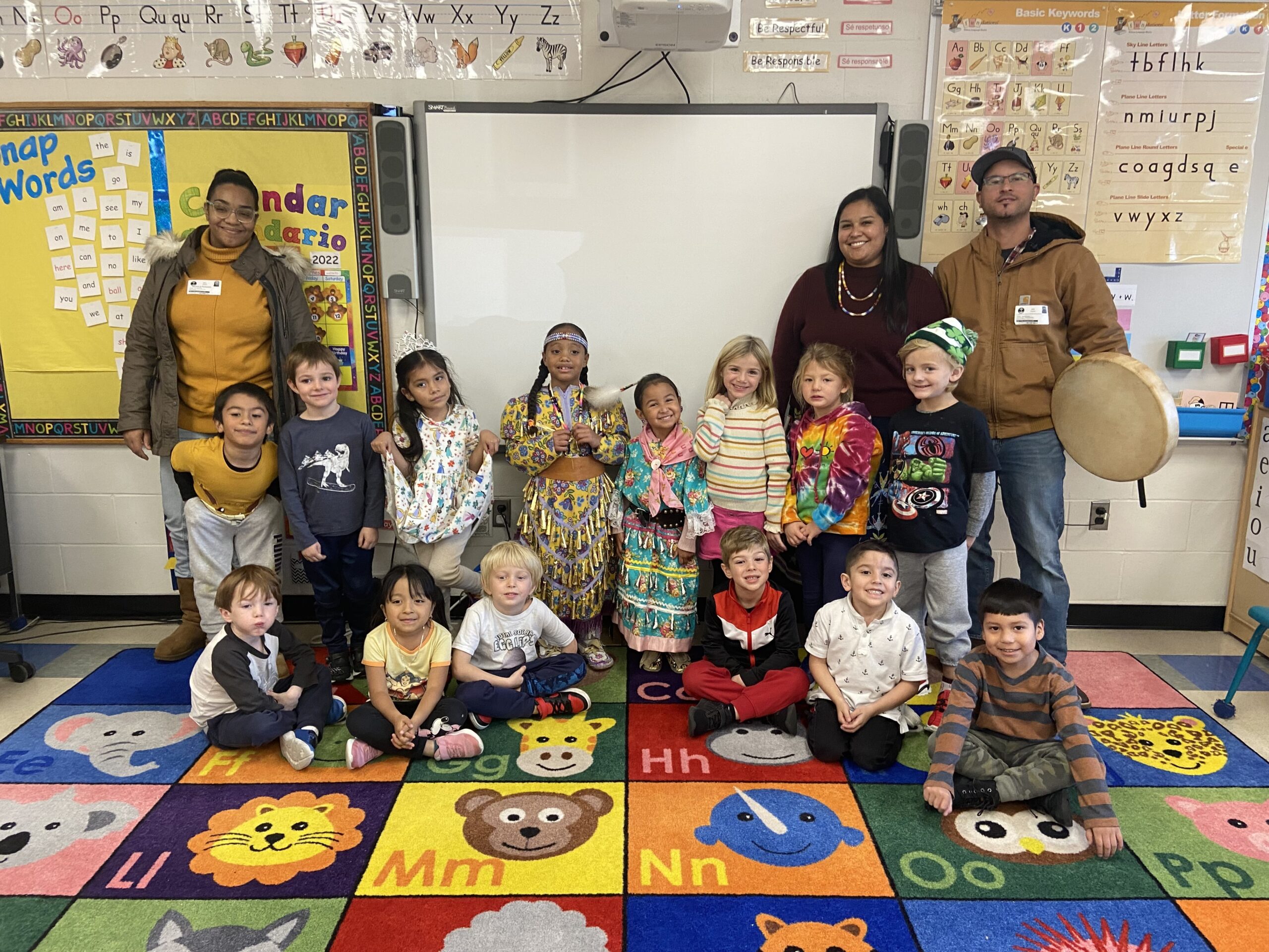 Southampton Elementary School kindergarten students in Tracy Koszalkas’ class celebrated Native American Heritage Month by listening to the book “Jingle Dancer” by Cynthia Leitich Smith and learning about traditional dance and music by from Erica Phillips, Josh Richardson and Nichole Rosado, parents of their peers. COURTESY SOUTHAMPTON SCHOOL DISTRICT