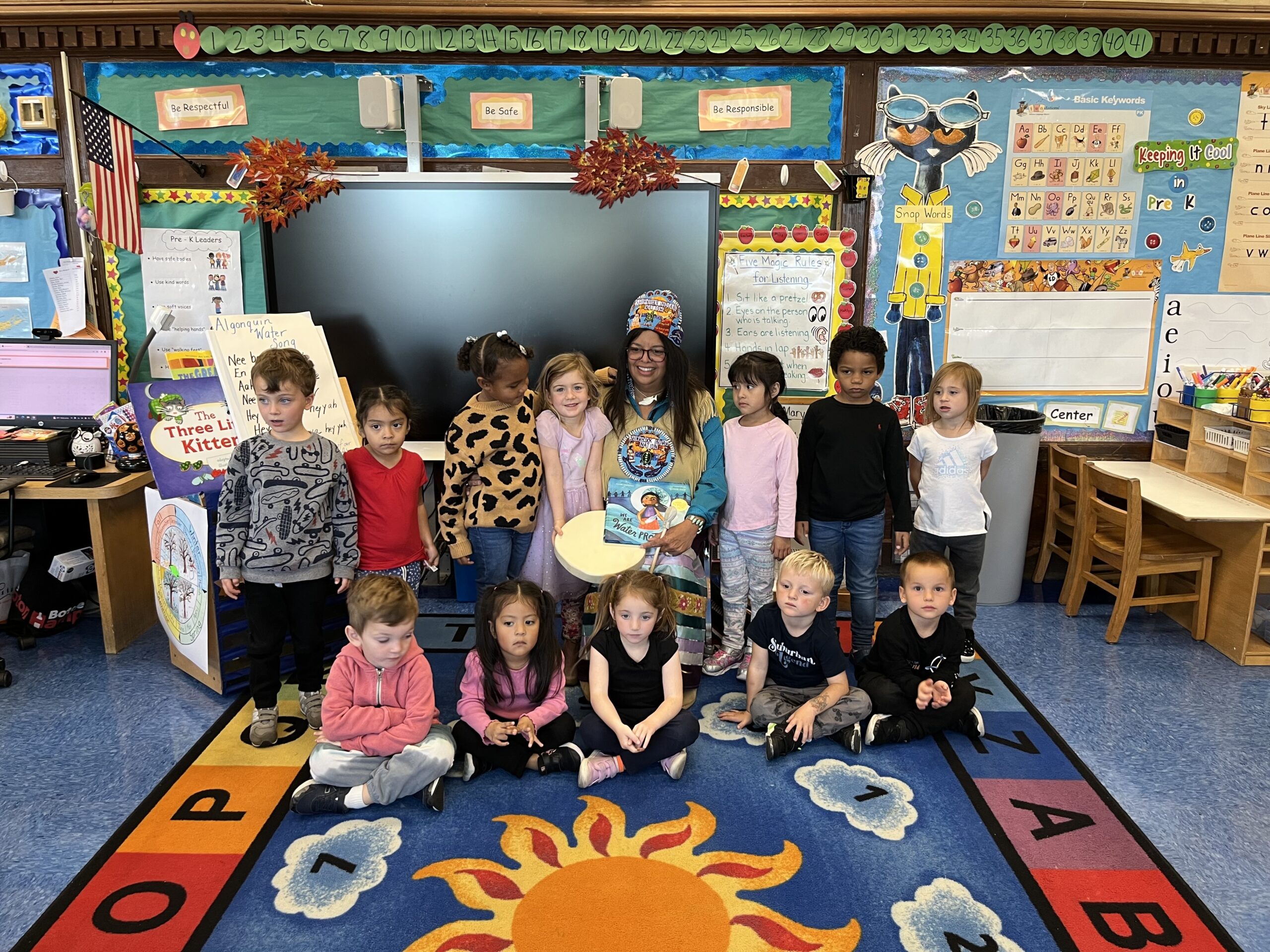 In celebrating Native American History Month, Southampton Elementary School prekindergartners in Jennifer Morgan’s class spent time with artist and educator Denise Silva-Dennis of the Shinnecock Nation. Silva-Dennis read, “We Are Water Protectors” by Carole Lindstrom, and taught students the Algonquin Water Song. COURTESY SOUTHAMPTON SCHOOL DISTRICT