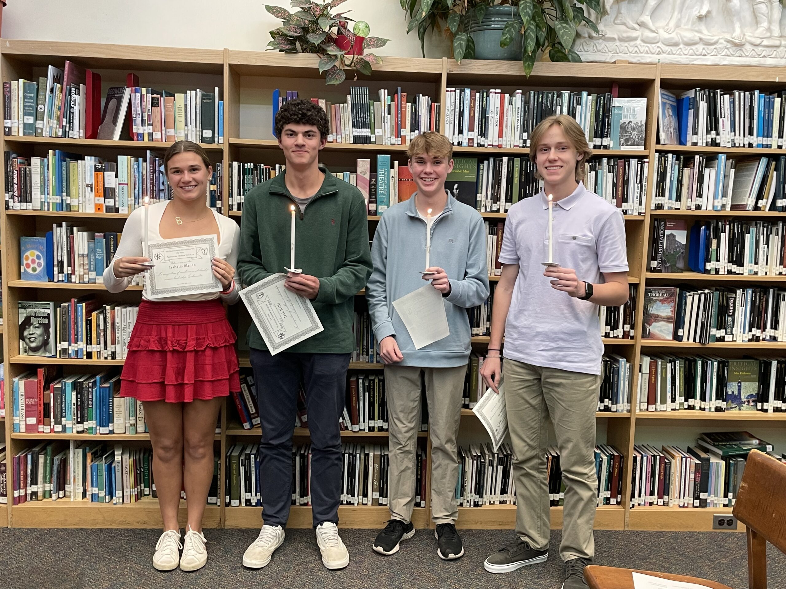 Four new members were inducted into the Westhampton Beach High School
National Honor Society during a ceremony on Nov. 8: from left, Isabella Blanco, Jack Kelly, Ashton Lundborg and Dylan Specht.. The new members were inducted in recognition of their  excellence in service, character, scholarship and leadership. COURTESY WESTHAMPTON BEACH SCHOOL DISTRICT