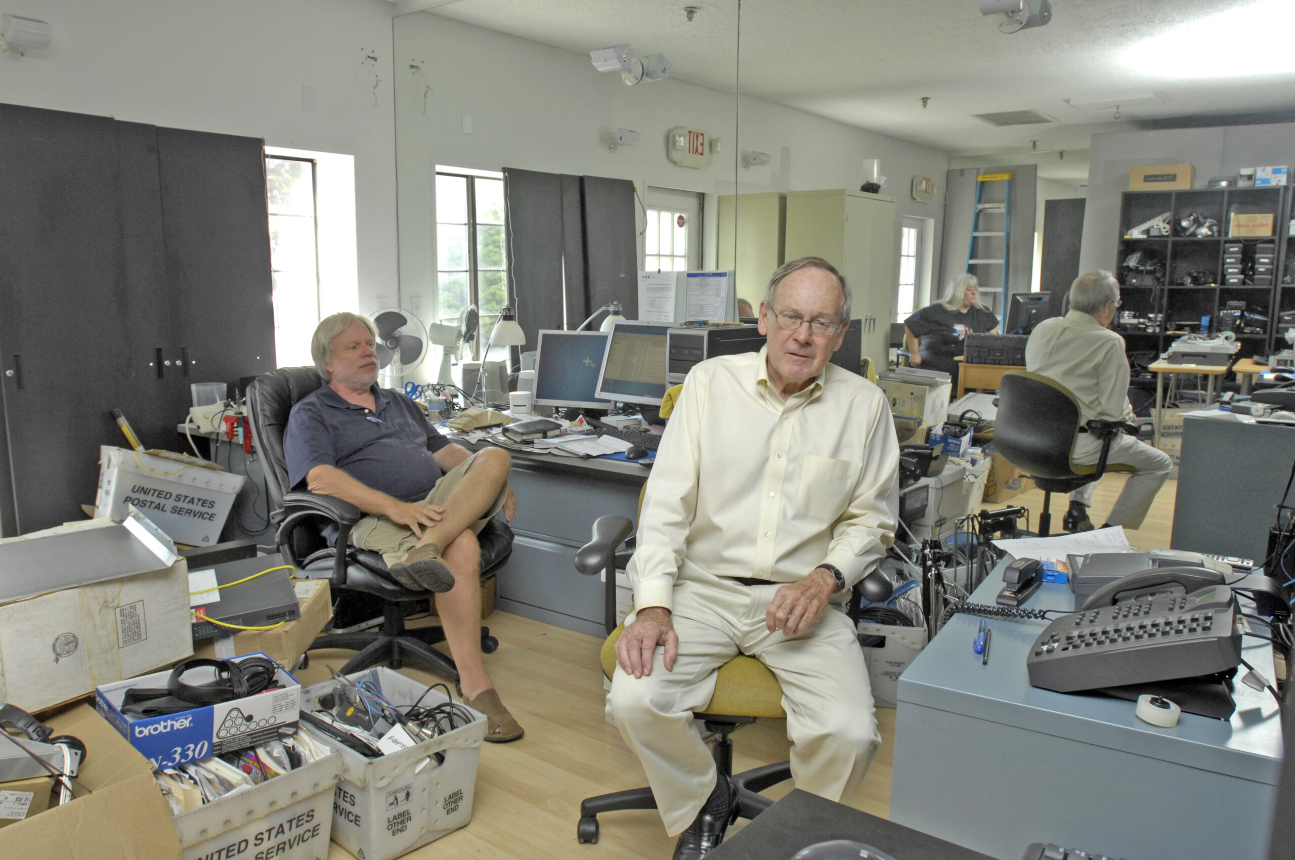 Station Manager Wally Smith, foreground, and chief engineer Bob Anderson at the 88.3FM studios in Southampton Village IN 2010. DANA SHAW