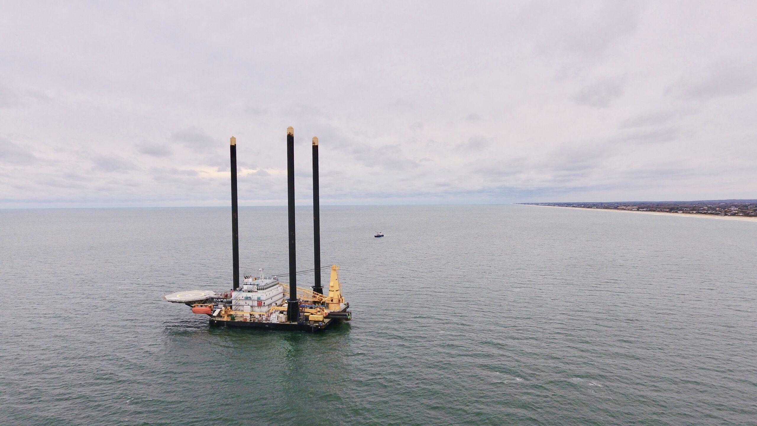 The lifeboat Jill arrived in the waters off Wainscott on Tuesday morning. The vessel, which can raise it's platform above the ocean waves, will serve as the work station for the offshore portion of the South Fork Wind power cable connection.