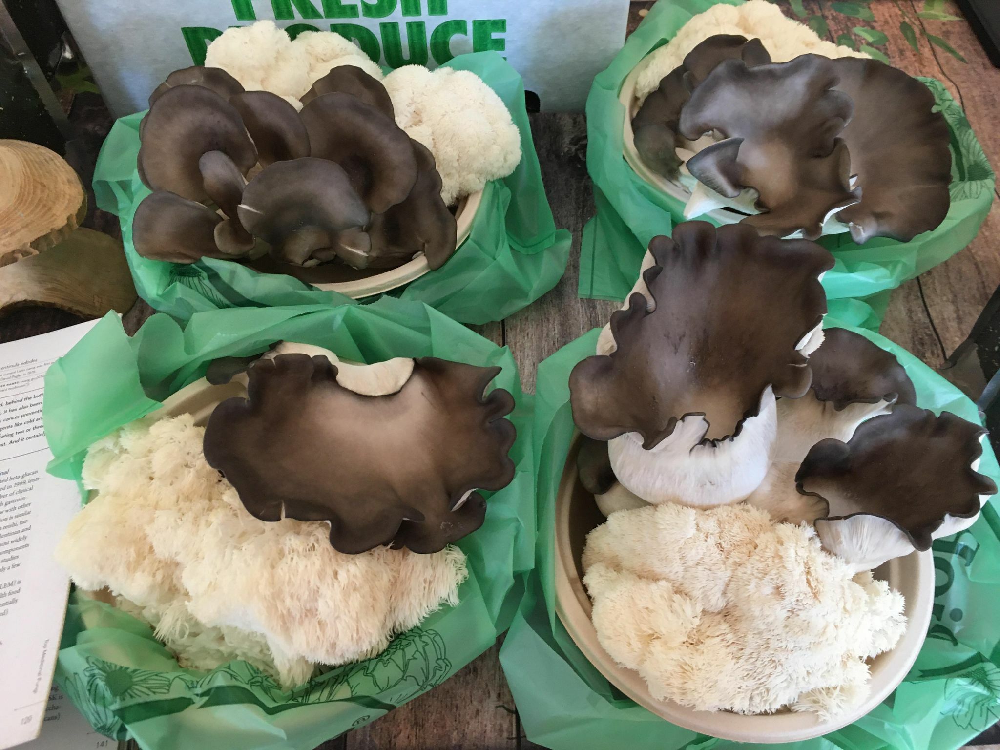 Lion's mane and blue oyster mushrooms are a must see at the indoor winter market held at St. Mark's Episcopal Church Parish Hall in Westhampton Beach.   KITTY MERRILL