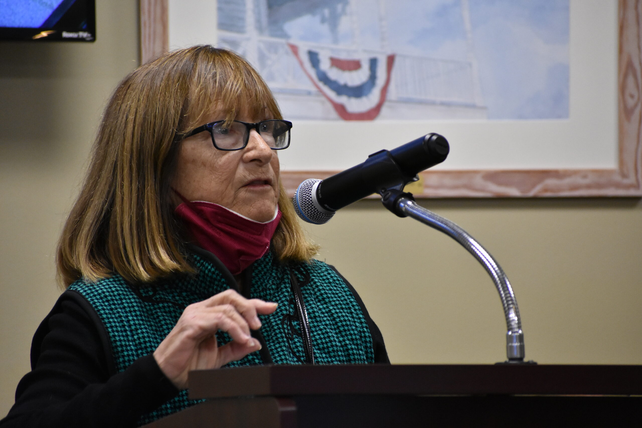 Patio Villas resident Anne Smalley addresses the Westhampton Beach Village Board about the condo proposal. 