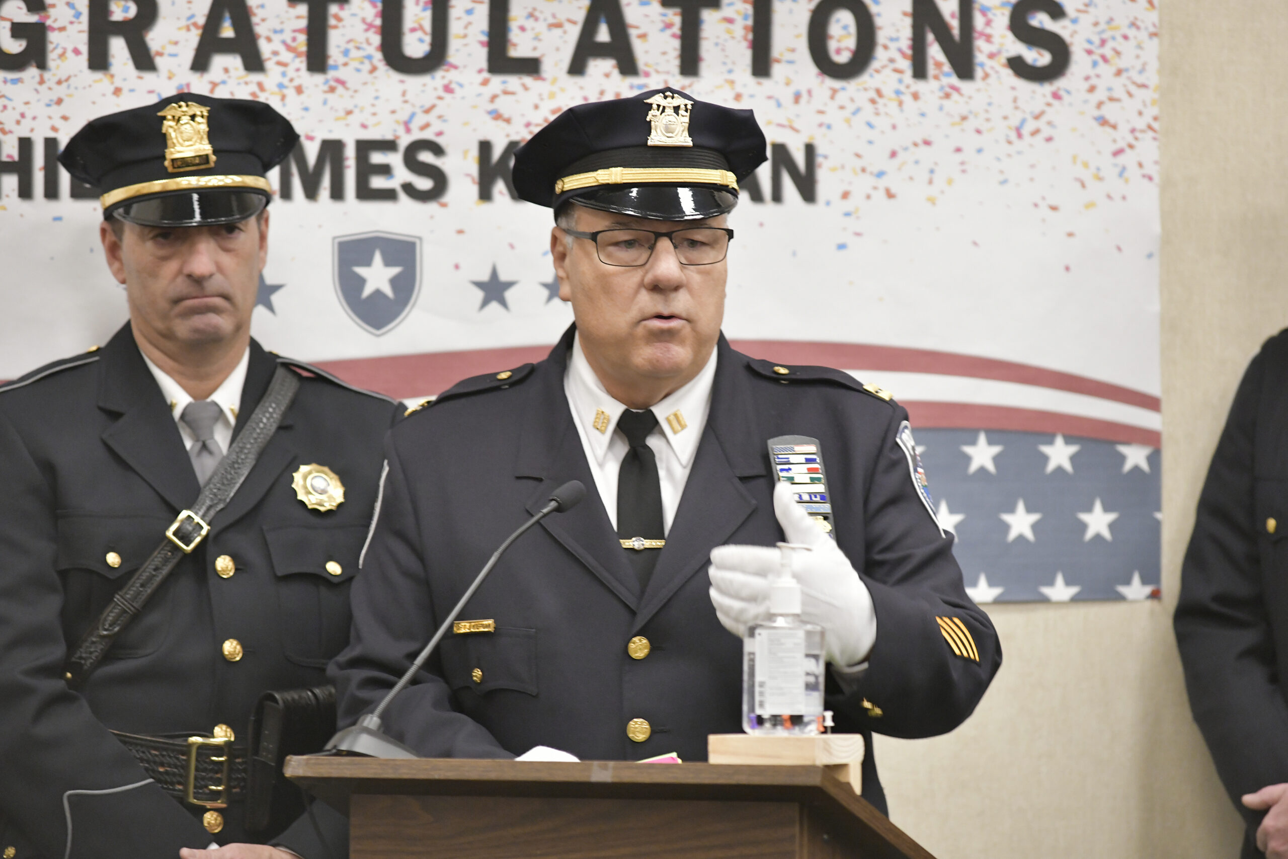 Newly sworn in Southampton Town Police Chief James Kiernan addresses the crowd at Town Hall on December 8.  DANA SHAW