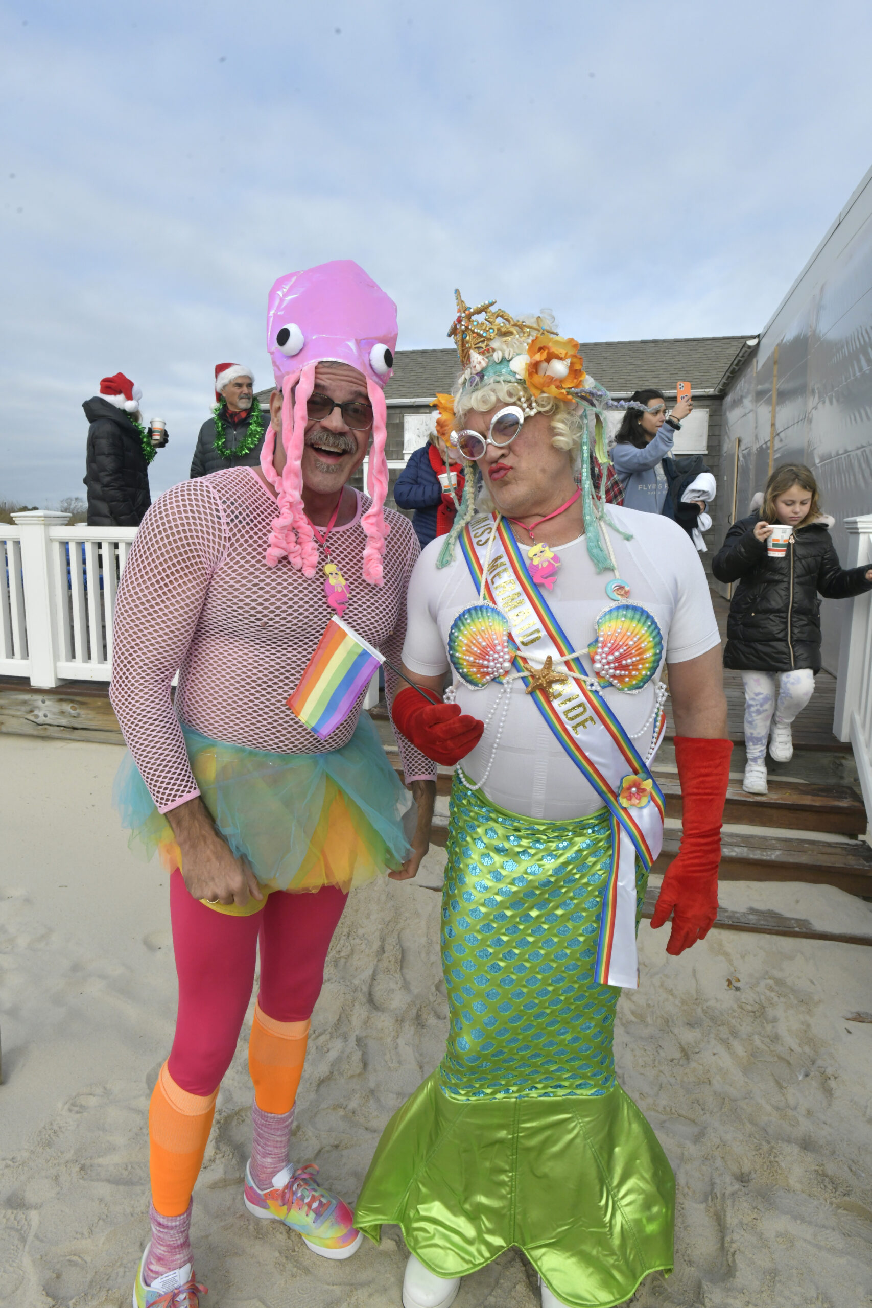 Brain Mott and Jimmy Mack at the annual Polar Bear Plunge at Coopers Beach on Saturday.   DANA SHAW