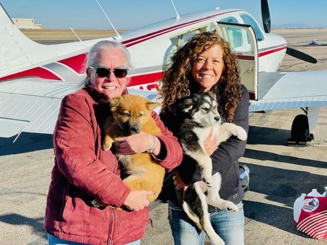 Anne Baker, who fostered of some of the puppies, and Española Humane Communications Director Mattie Allen before takeoff. COURTESY ANIMAL RESCUE FUND OF THE HAMPTONS