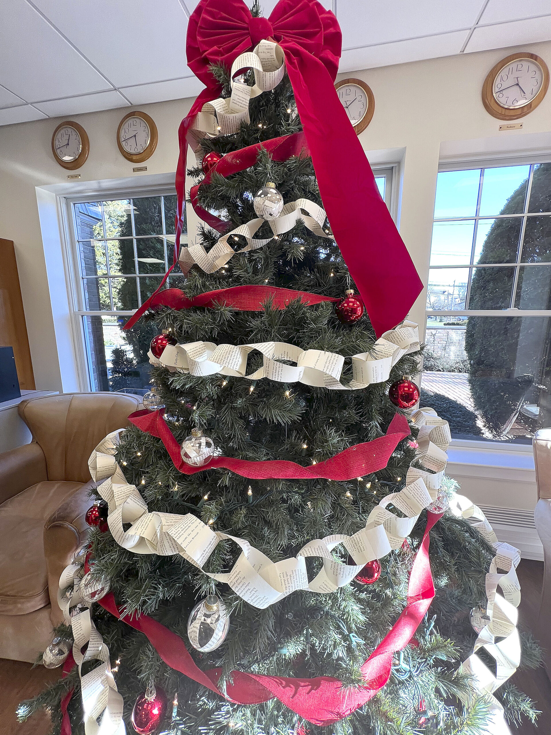 Some of the holiday decorations made from books at the Rogers Memorial Library in Southampton.   DANA SHAW