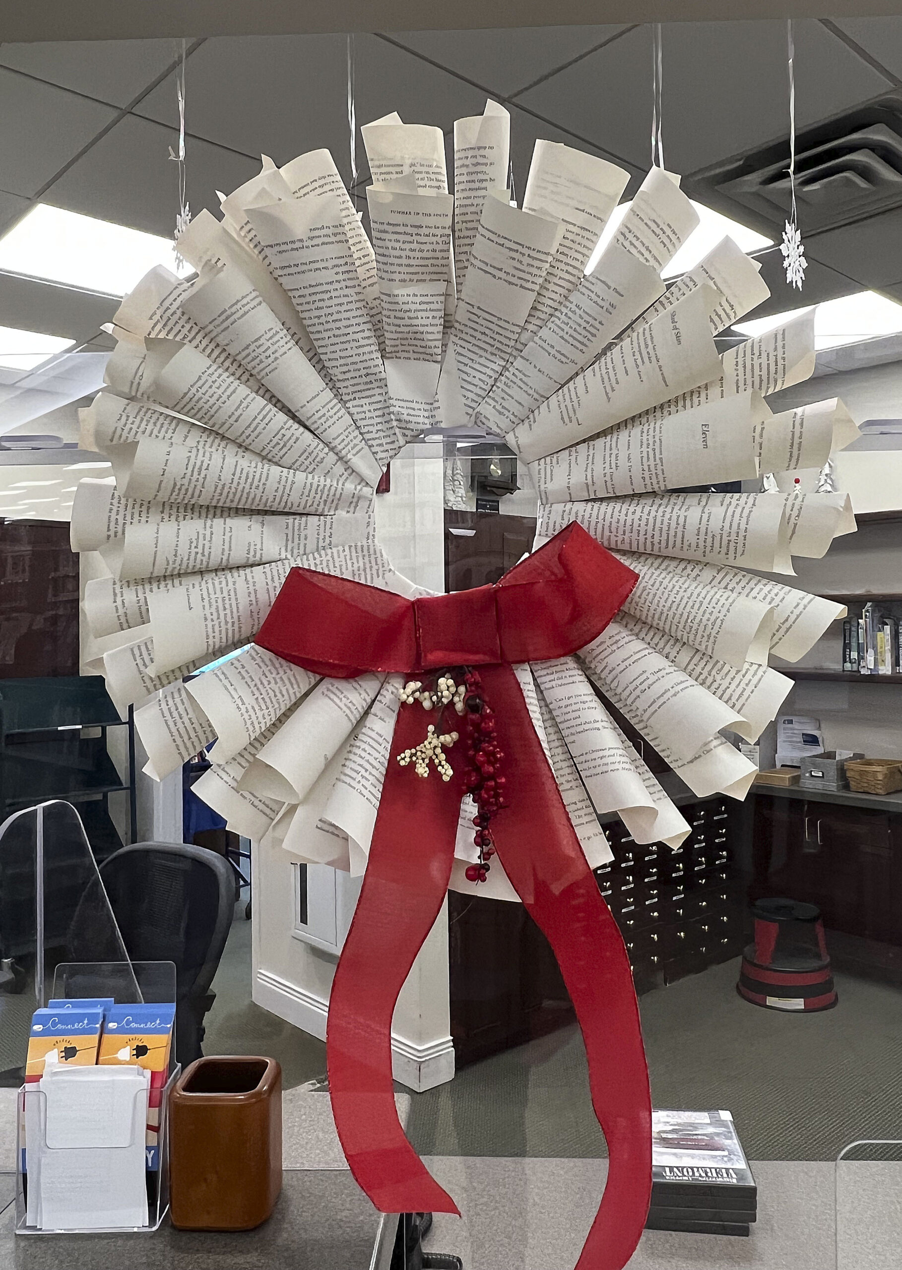 Some of the holiday decorations made from books at the Rogers Memorial Library in Southampton.   DANA SHAW