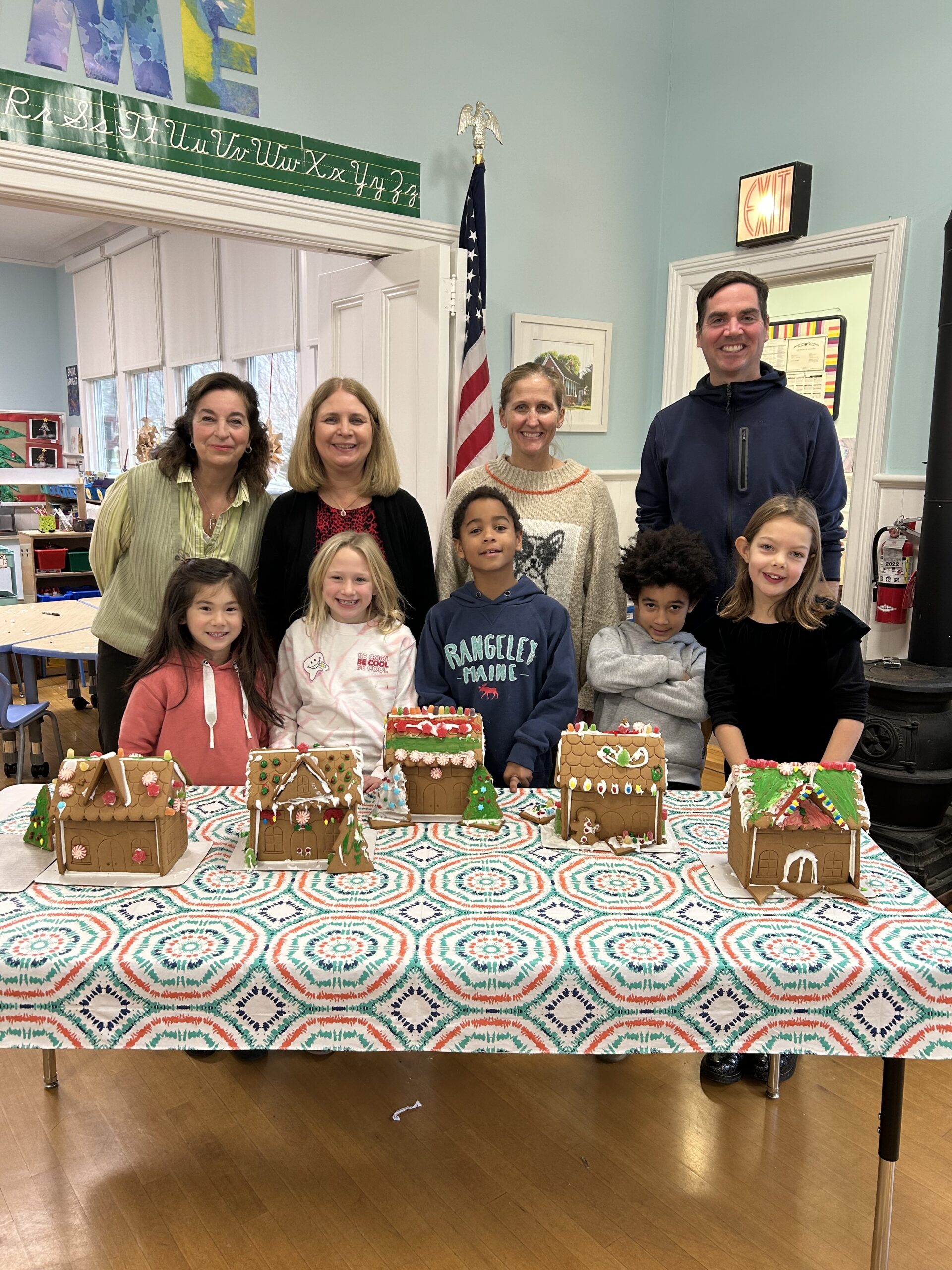 Sagaponack School students made gingerbread houses recently with help from Board of Education member Cathy Hatgistavrou and school staff.  COURTESY SAGAPONACK SCHOOL