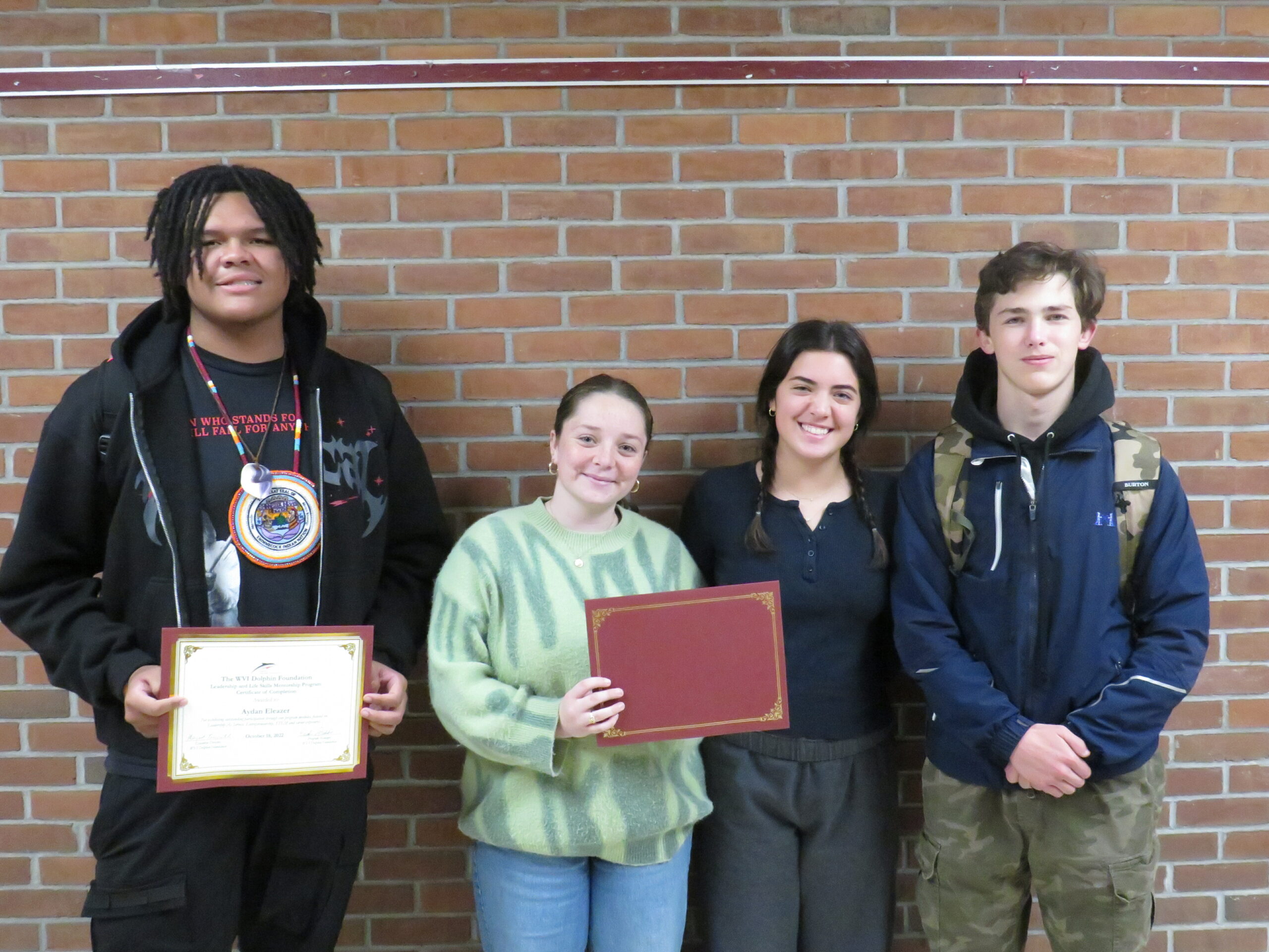 Southampton High School students, from left, Aydan Eleazer, Paige Garvin, Celia Ginsberg and Andrew Souhrada earned certificates of completion from the Leadership and Life Skills Mentorship Program. Yassine Boukaissi, not pictured, also earned a certificate. COURTESY SOUTHAMPTON SCHOOL DISTRICT