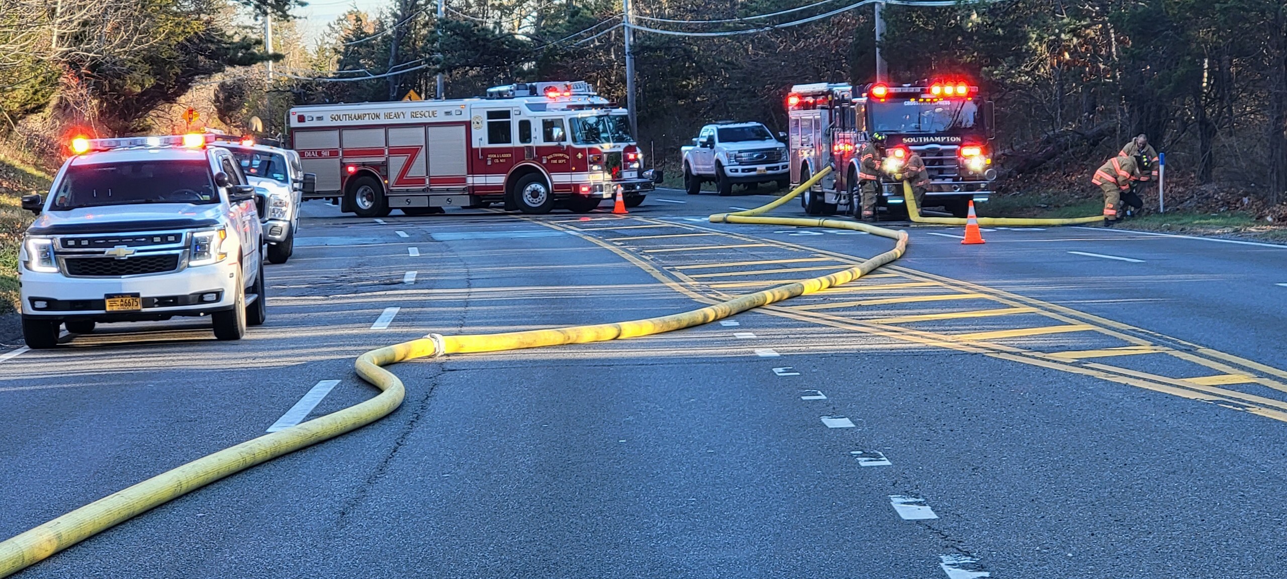 Fire hose snaked across County Road 39 in Tuckahoe, closing the main road.   COURTESY SOUTHAMPTON FIRE DEPARTMENT
