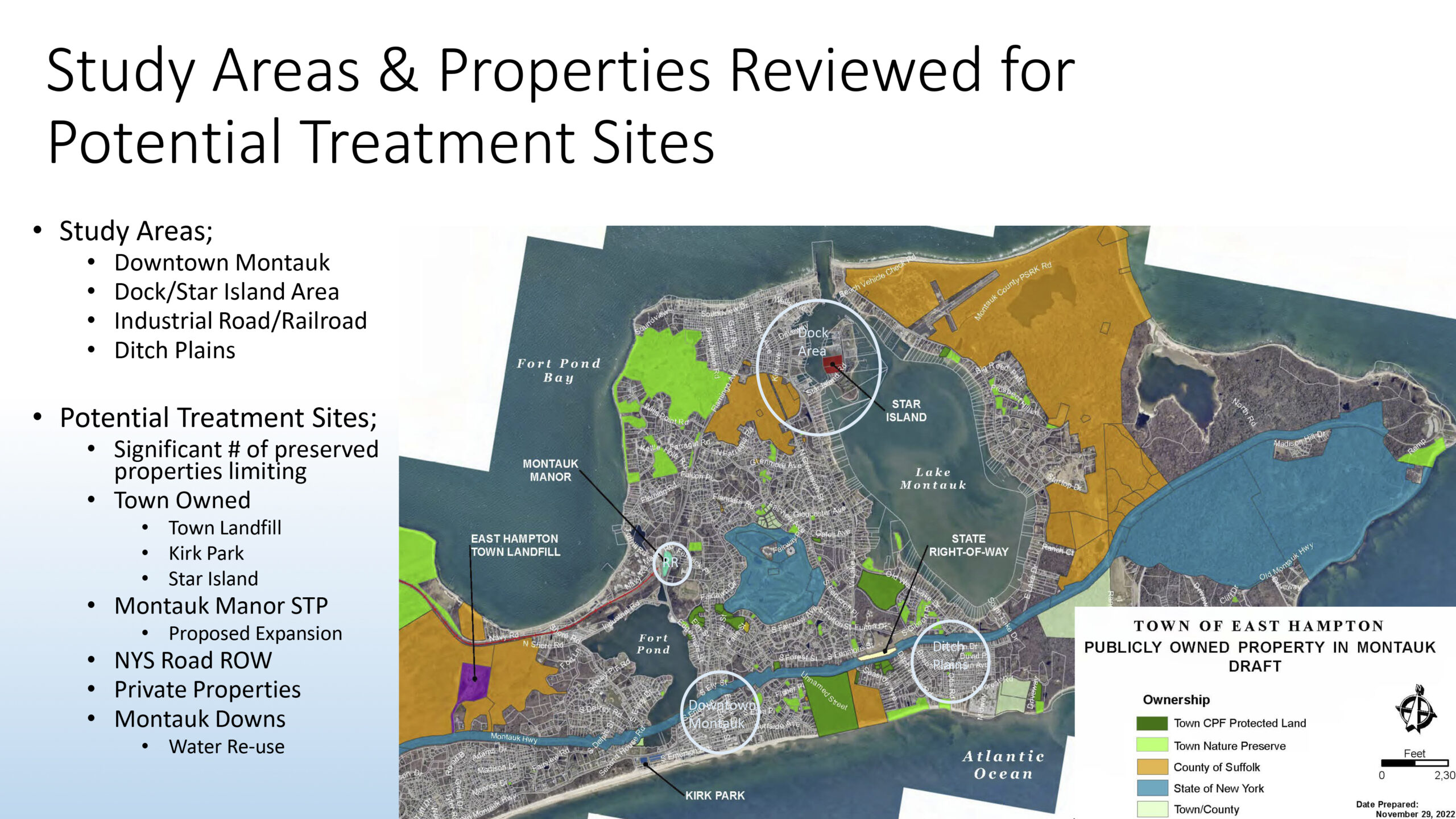 A map showing all the sites that East Hampton Town considered as possible sites for a sewage treatment plant for a Montauk sewer system. The town has settled on proposing a land swap with Suffolk County to put the treatment system in Hither Hills, adjacent the town dump.