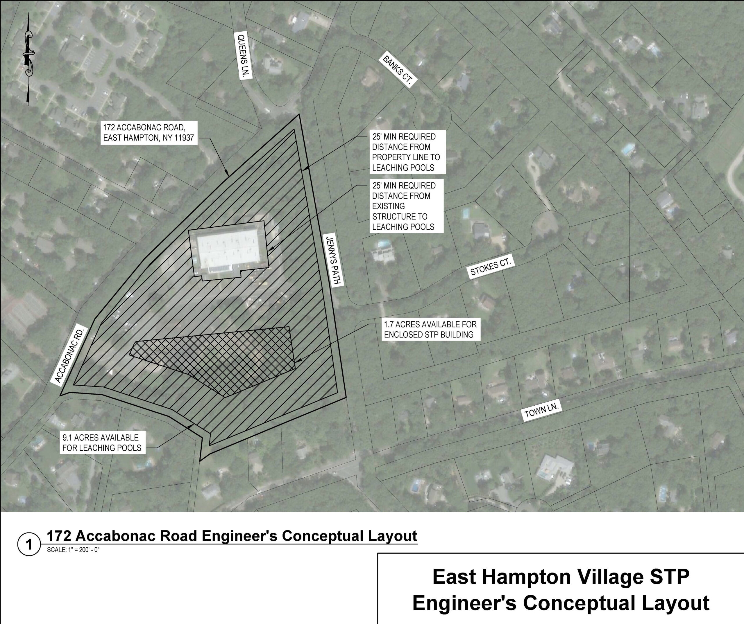 A rendering of the village's public works property off Accabonac Road shows the vacant area where a sewage treatment plant and leaching pools could fit without the need for variances from required setbacks. The site would have to be approved by the East Hampton Town Planning Board. 
H2M Architects & Engineers