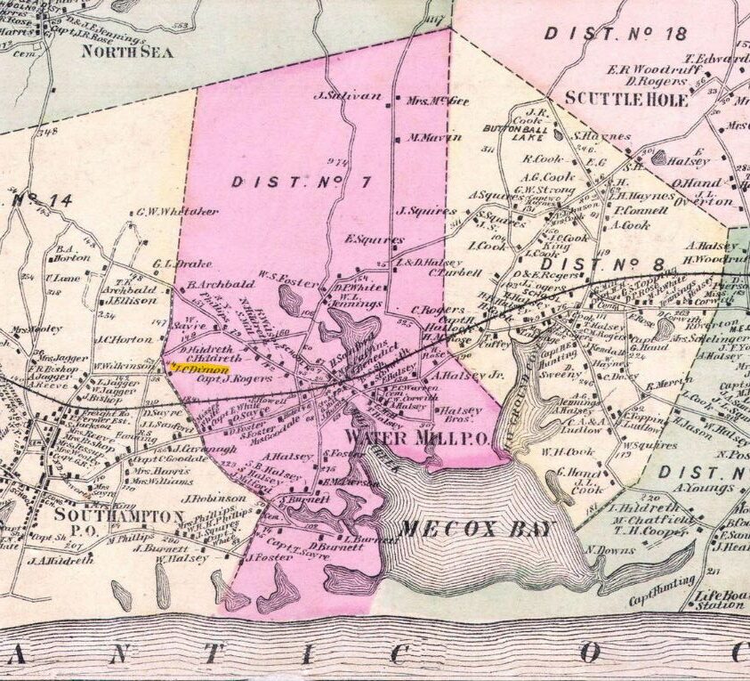 An 1873 map shows the Dimon property highlighted in yellow.    COURTESY SOUTHAMPTON TOWN