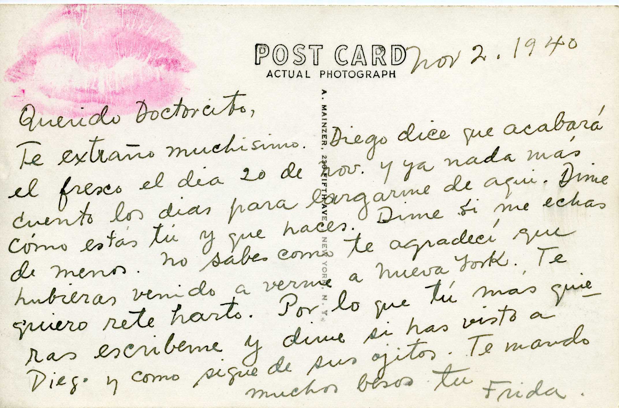 Postcard sent by Frida from New York to Dr. Leo Eloesser, November, 2, 1940. Facsimile, Frida´s lips on paper. Framed: 16