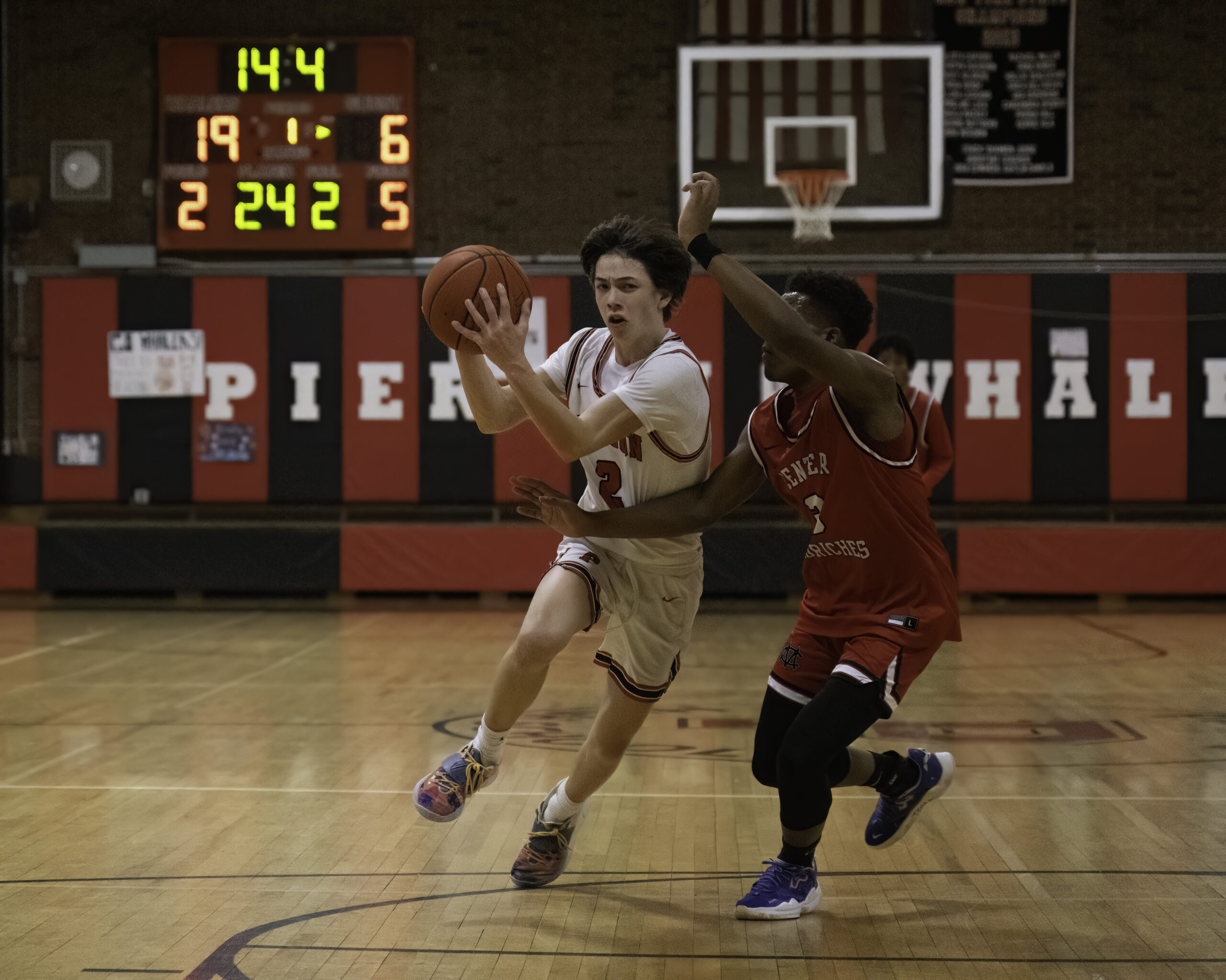 Pierson's Dom Mancino drives on a Center Moriches player.   MARIANNE BARNETT