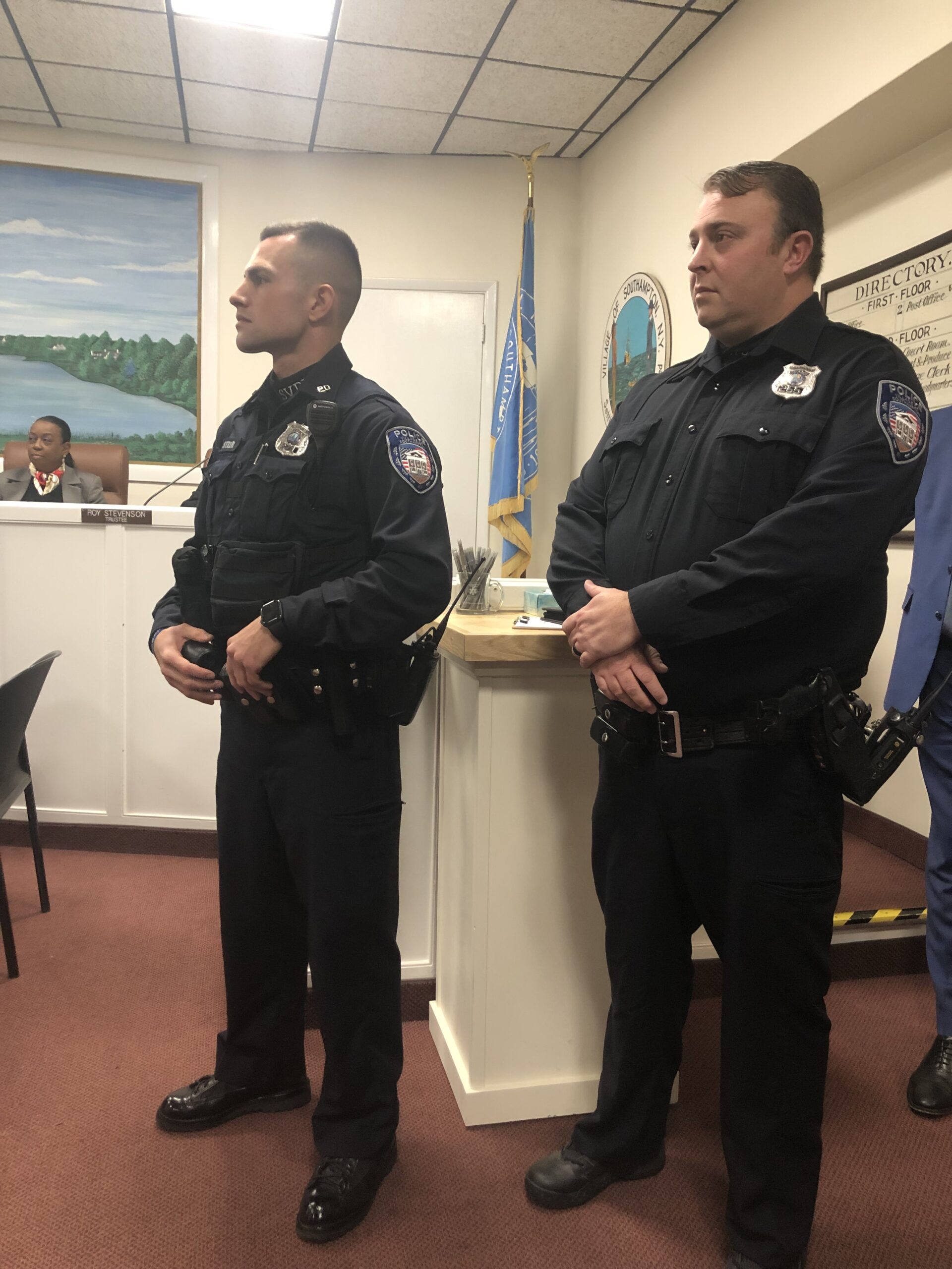 Southampton Village Police Officers Matthew Stetler, left, and Edward Reid were named Employees of the Month after executing a successful water rescue in the ocean of a suicidal subject on December 9. CAILIN RILEY