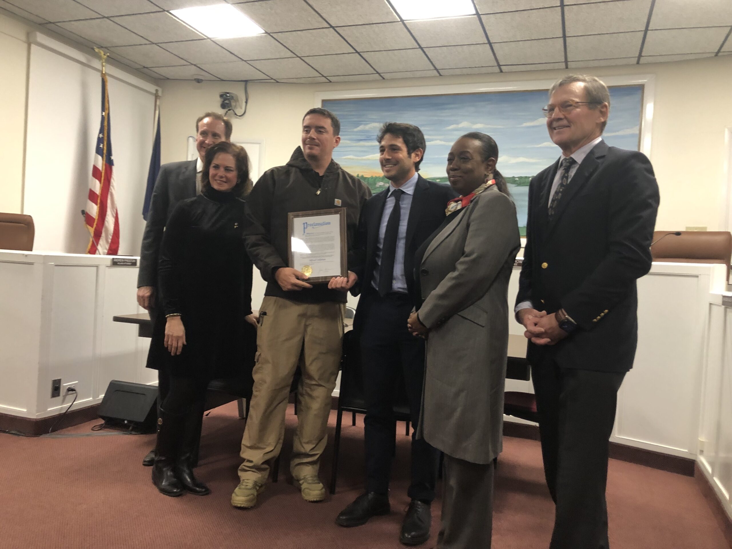 The Southampton Village Board presented former Southampton Village Fire Department Chief Alfie Callahan with a proclamation recognizing him for the years he served as chief of the department. CAILIN RILEY