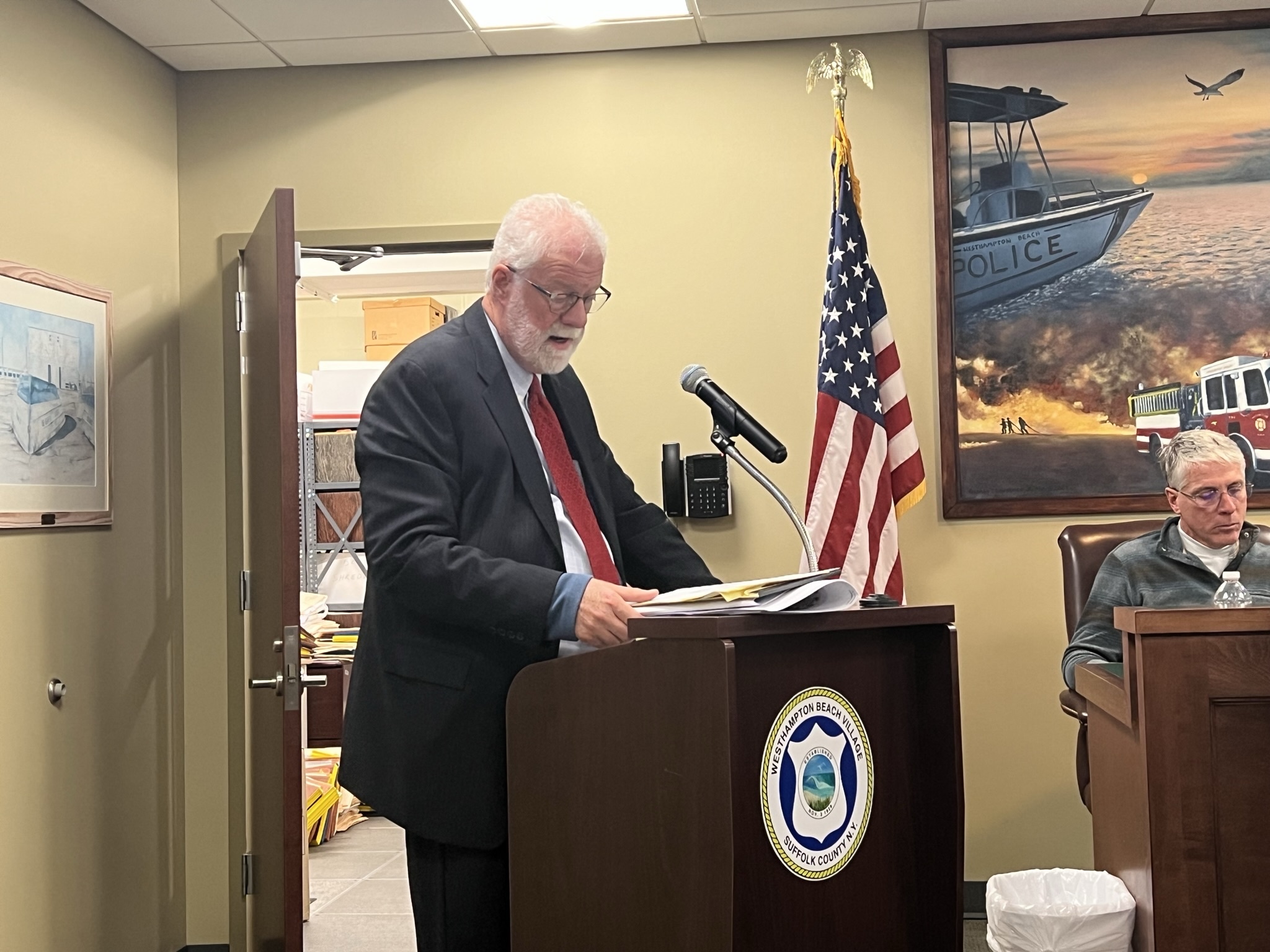 Attorney Jim Hulme addresses the Westhampton Beach Village Board on January 5. BILL SUTTON