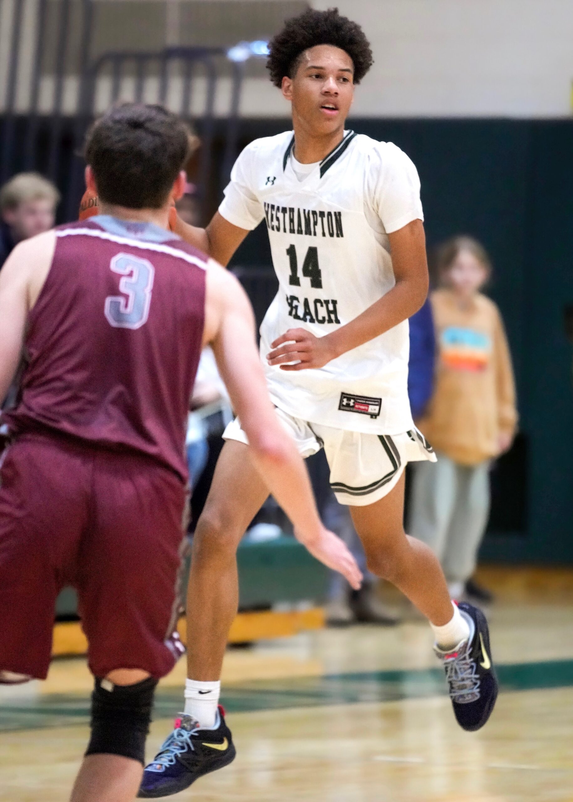 Sophomore Jorden Bennett came off the bench in the absence of leading scorer Quinn McCormack to record 10 points for Westhampton Beach against North Shore. RON ESPOSITO