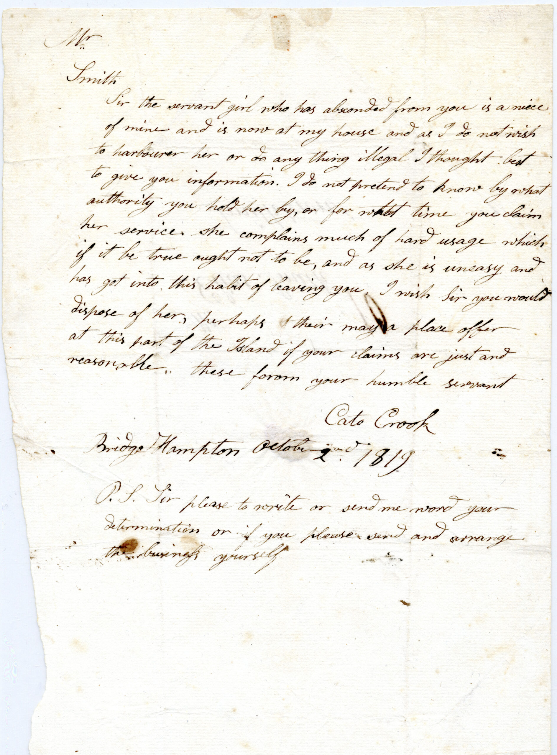 A letter from a former slave, Cato Crook, to Elias Smith, seeking better treatment of his niece, who was enslaved by Smith, is in the Smithtown Library's Richard H. Handley Collection of Long Island Americana. COURTESY SMITHTOWN LIBRARY