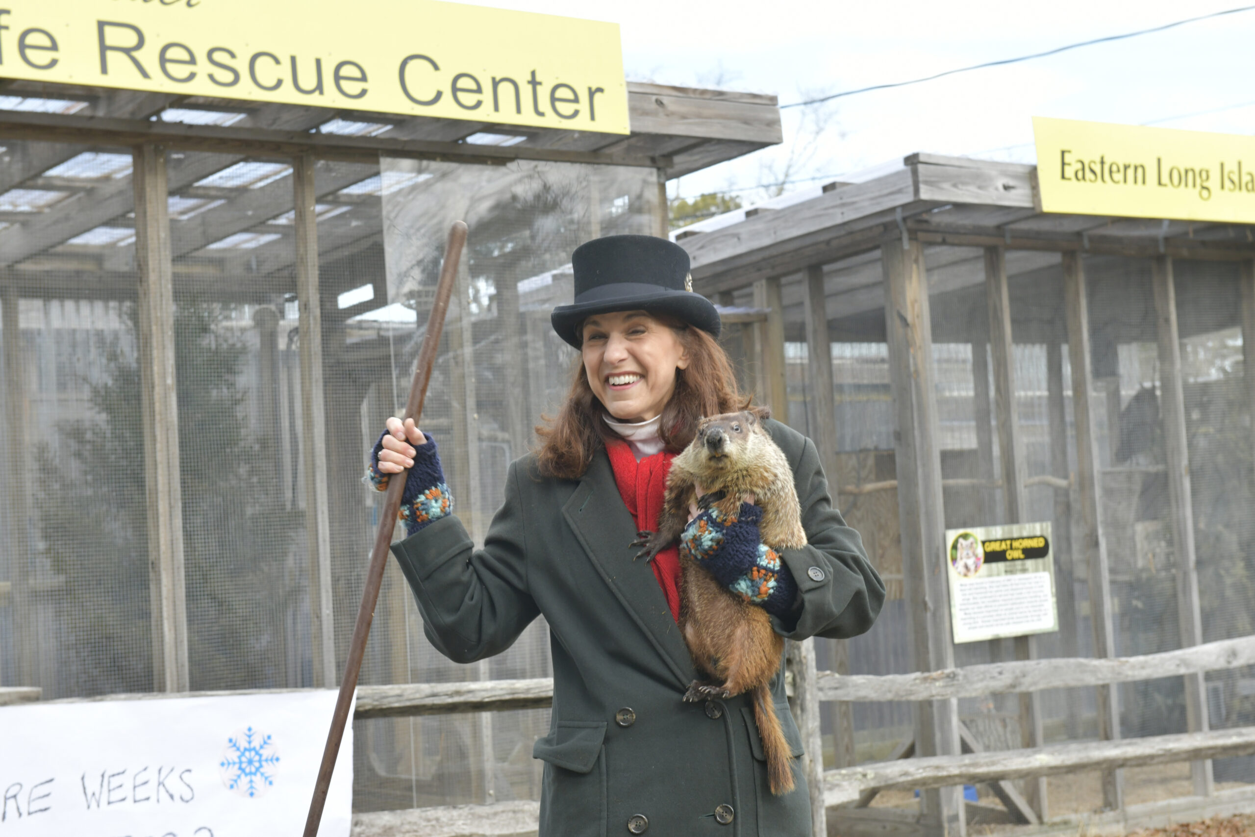 Allen McButterpants, along with handler Tammy Flanell, makes his debut as a prognosticator on Groundhog  Day at the Evelyn Alexander Wildlife Rescue Center. Allen did not see his shadow and predicted an early spring.  DANA SHAW