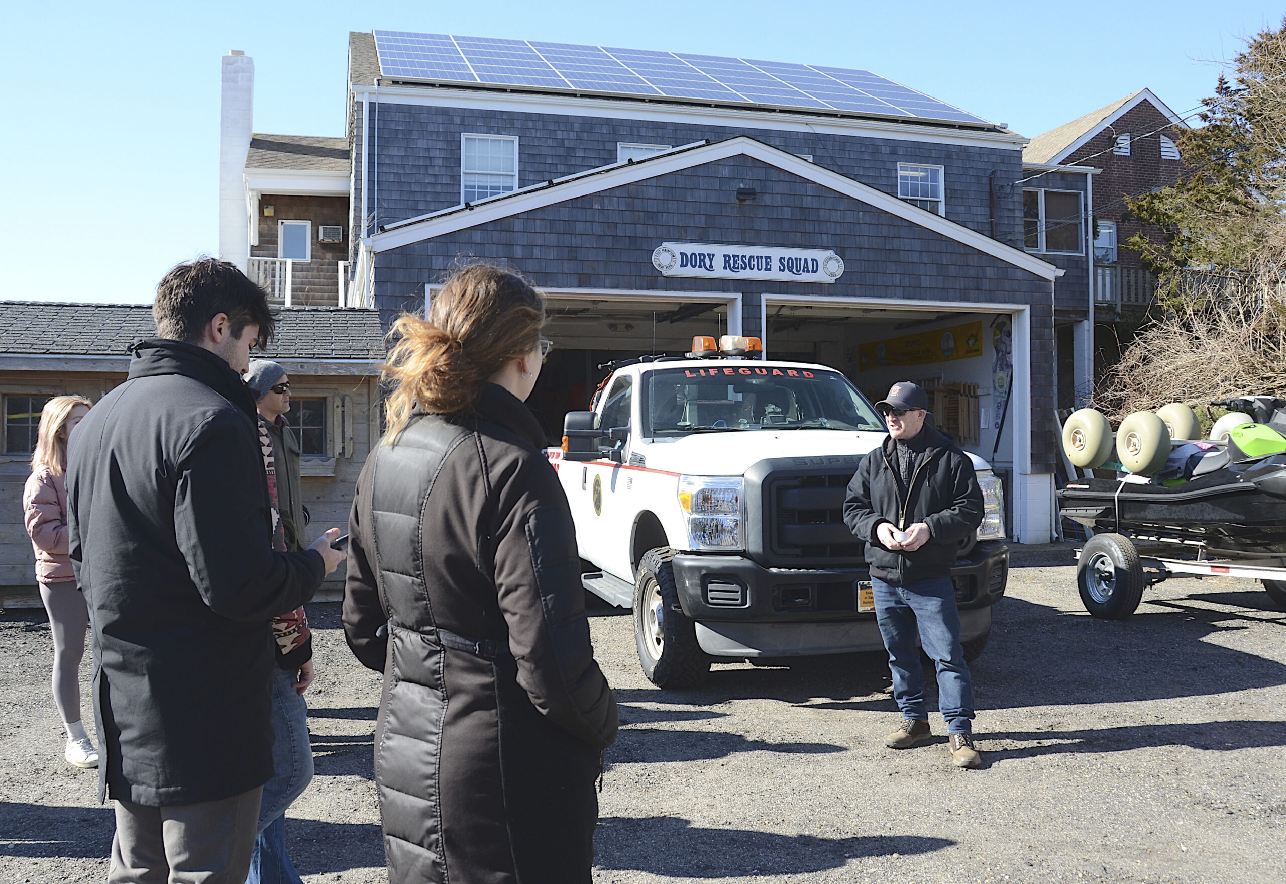 John Ryan Jr and Trustee David Canaletto conducted a tour of the Amagansett life-saving station and Ocean Rescue building with a group of Columbia architecture graduate students led by Professor Robert Marino on February 11.  KYRIL BROMLEY