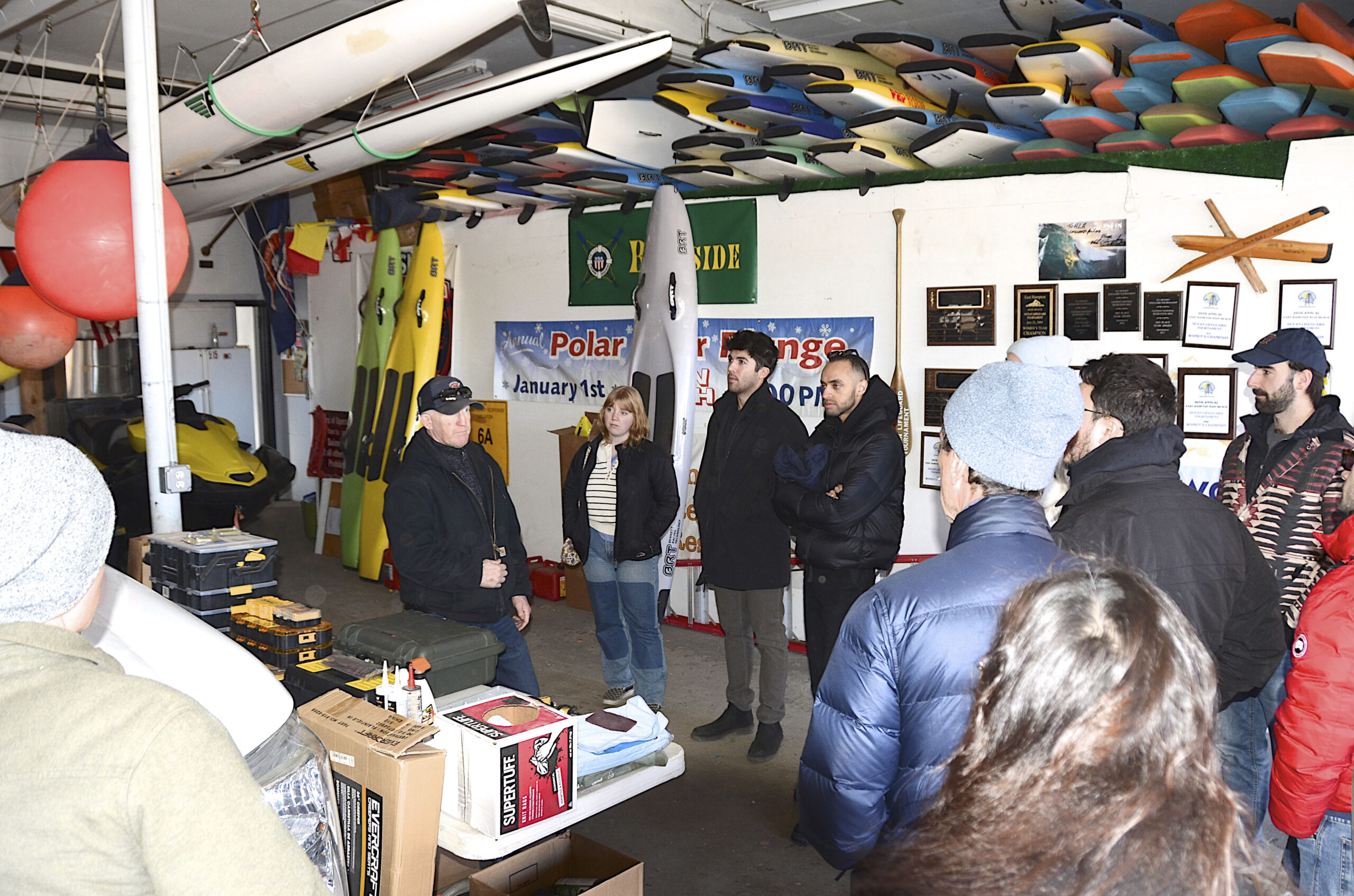 John Ryan Jr and Trustee David Canaletto conducted a tour of the Amagansett life-saving station and Ocean Rescue building with a group of Columbia architecture graduate students led by Professor Robert Marino on February 11.  KYRIL BROMLEY