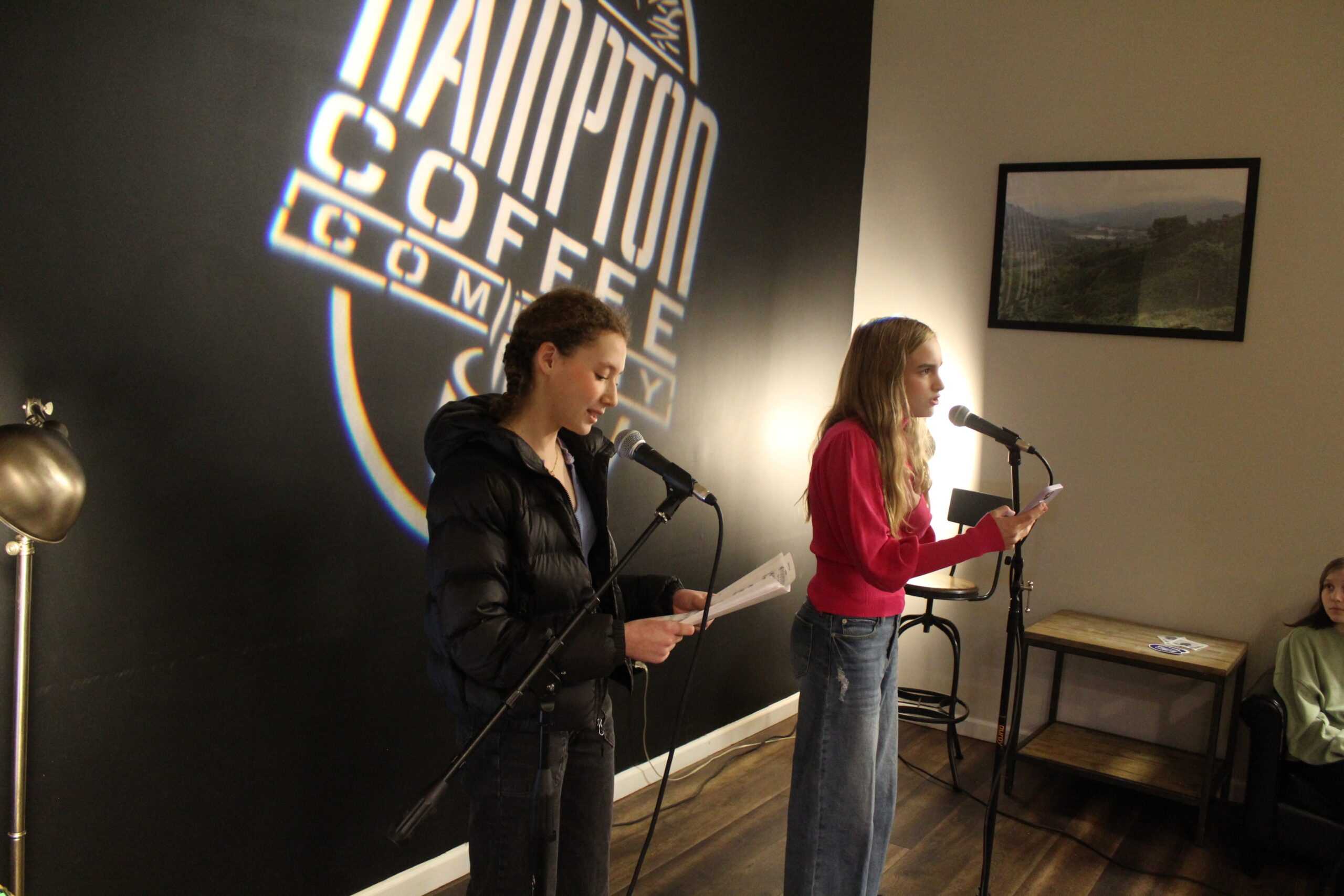 The Southampton Youth Bureau hosted an open mic night recently at Hampton Coffee. Performers from schools throughout Southampton Town stepped up to the mic including Westhampton Beach eighth-graders Elizabeth Sultan and Quinn Davis. COURTESY SOUTHAMPTON YOUTH BUREAU