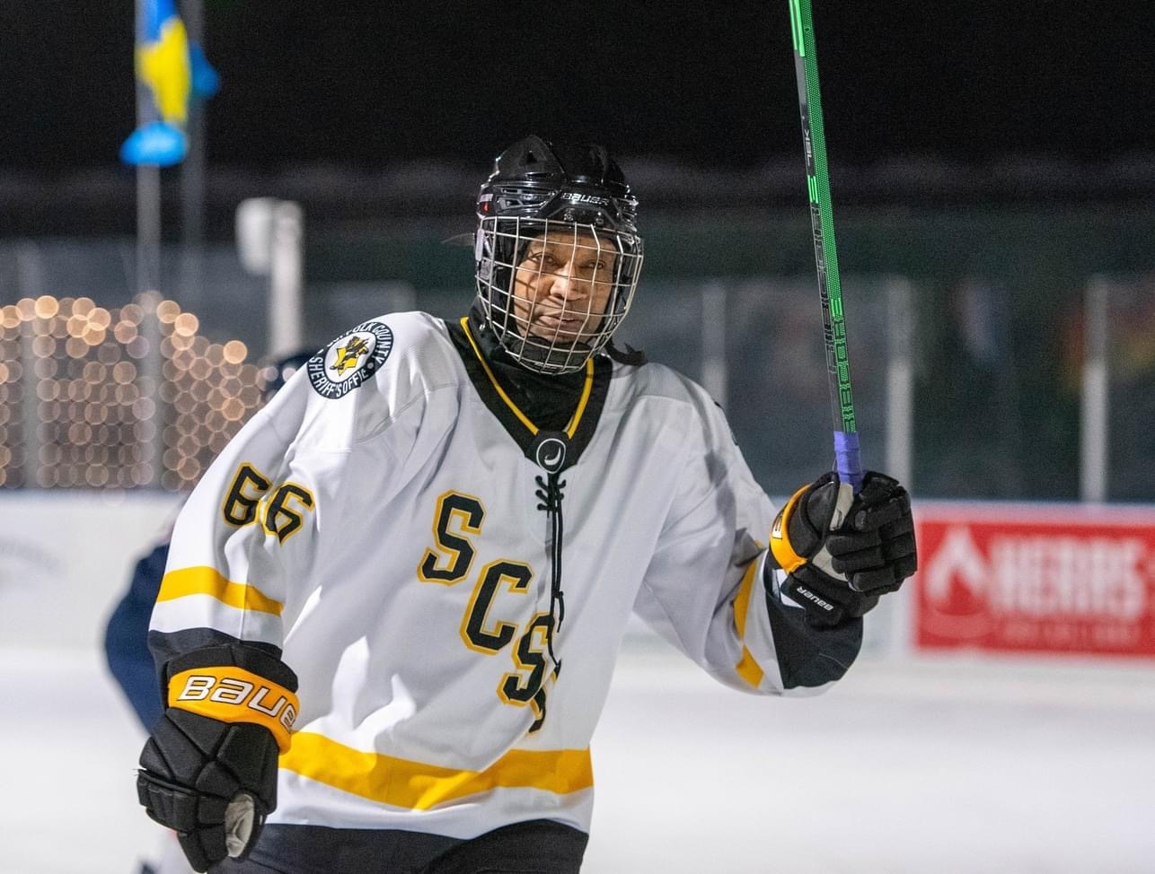 Suffolk County Sheriff Errol D. Toulon Jr. participated in Sunday night's game at Buckskill Winter Club in East Hampton between his outfit and the District 9 First Responders, made up of firefighters, police officers, EMTs and ocean rescue members from East Hampton, Sag Harbor and Southampton.  PHOTOS COURTESY SUSAN KETCHAM/SCSO HOCKEY