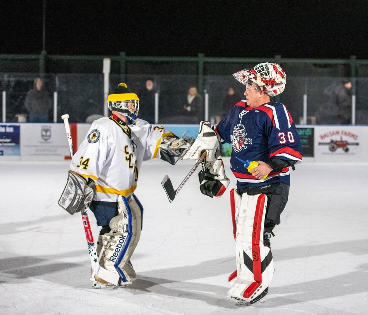 The District 9 First Responders hockey team, made up of firefighters, police officers, EMTs and ocean rescue members from East Hampton, Sag Harbor and Southampton, hosted the Suffolk County Sheriffs at Buckskill Winter Club in East Hampton on Sunday night.  PHOTOS COURTESY SUSAN KETCHAM/SCSO HOCKEY