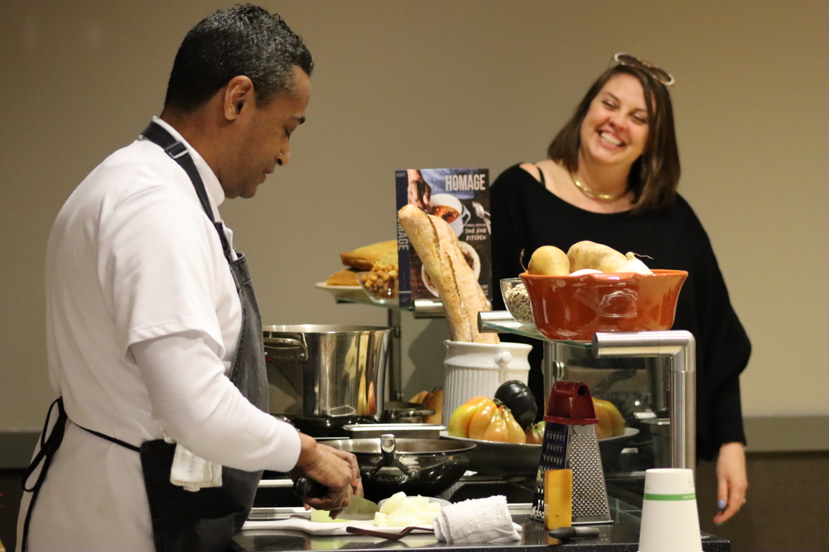 Chef Chris Scott gave a cooking demonstration, while Dr. Kelley Fanto Deetz, right, spoke about the legacy of enslaved cooks on the development of American cuisine.