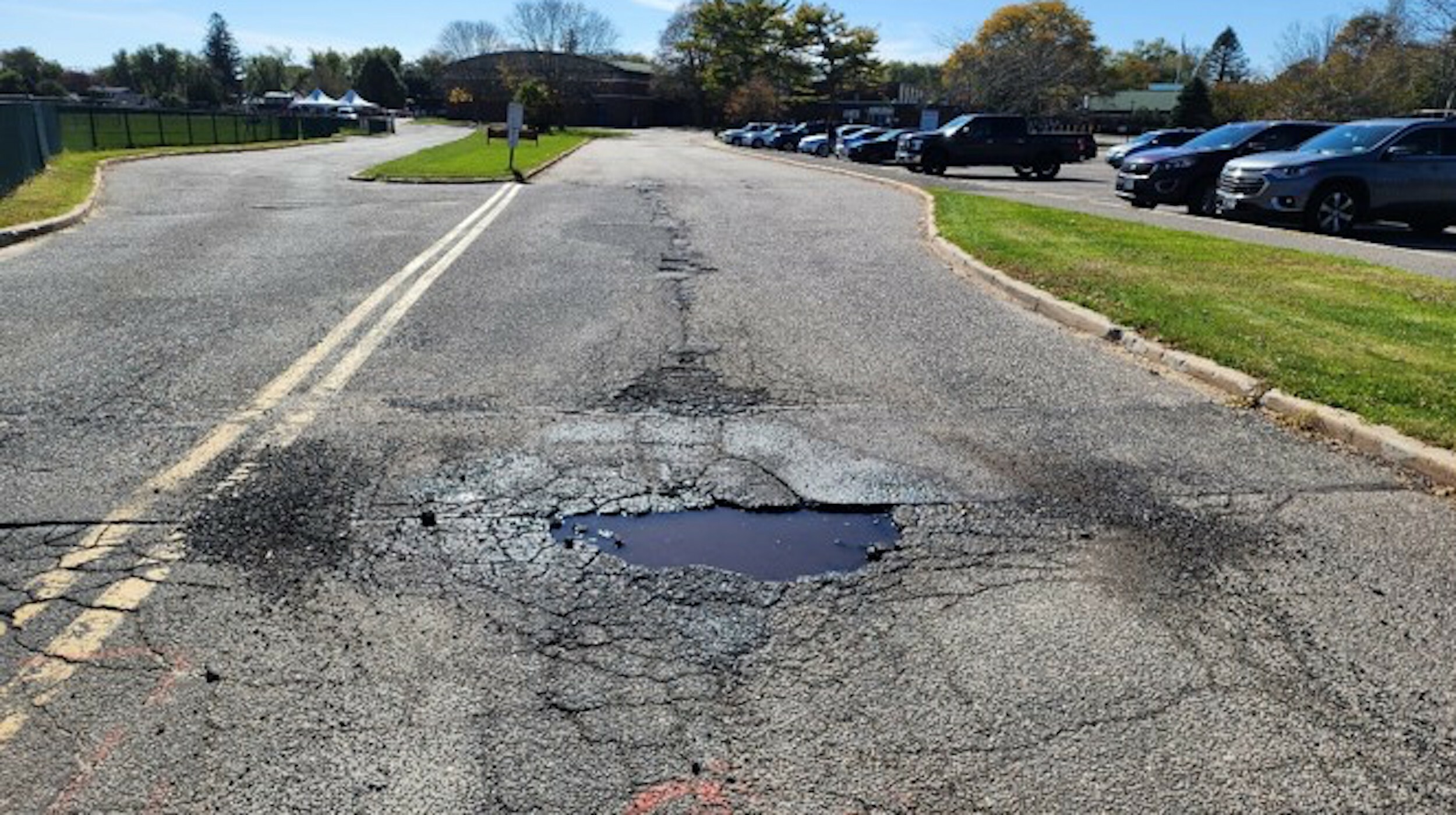 A pothole outside John M. Marshall Elementary School. EAST HAMPTON SCHOOL DISTRICT